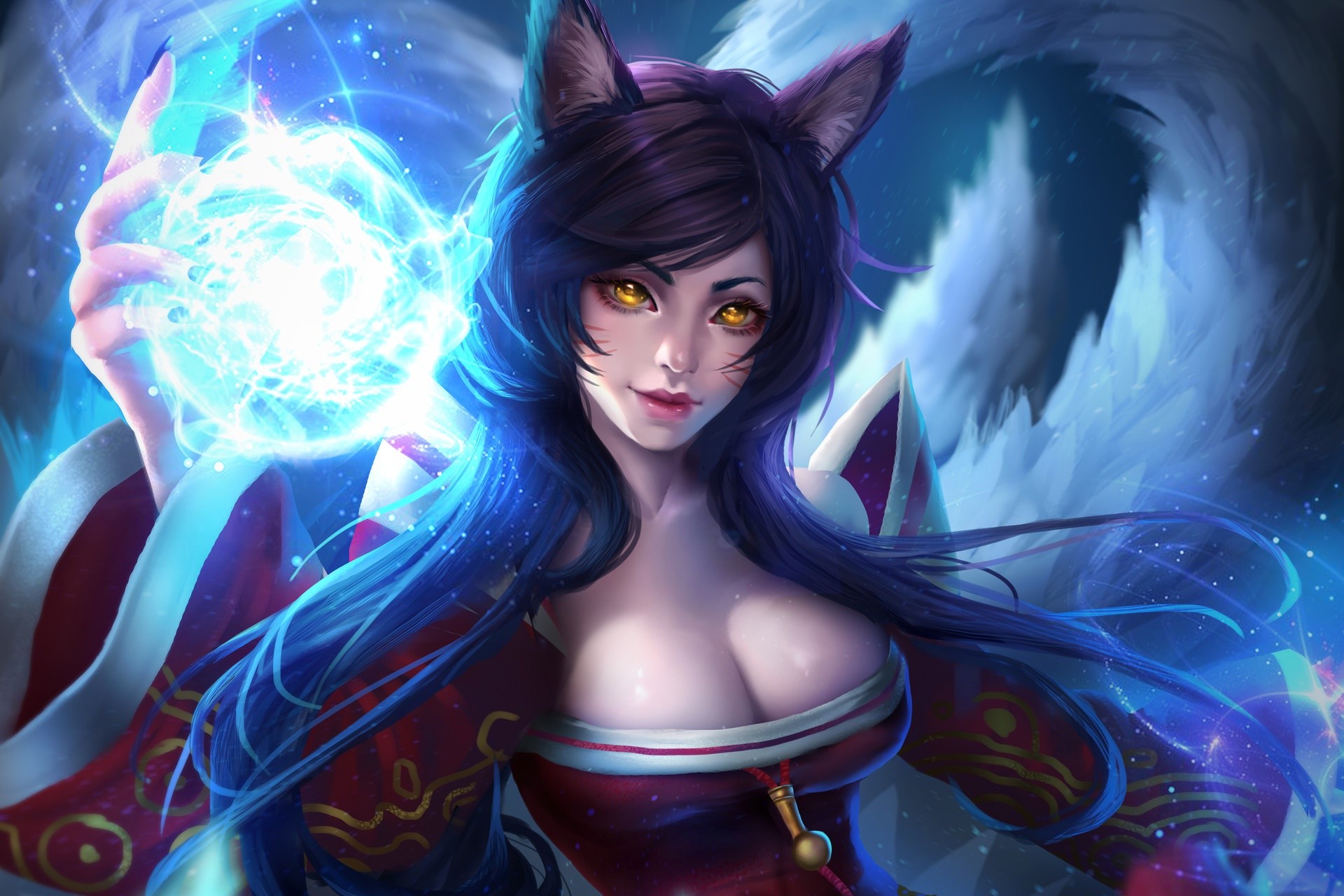 fantasy girl, fantasy art, animal ears, long hair, magic, yellow eyes, cyan, blue, League of Legends, Ahri (League of Legends), HD Wallpaper