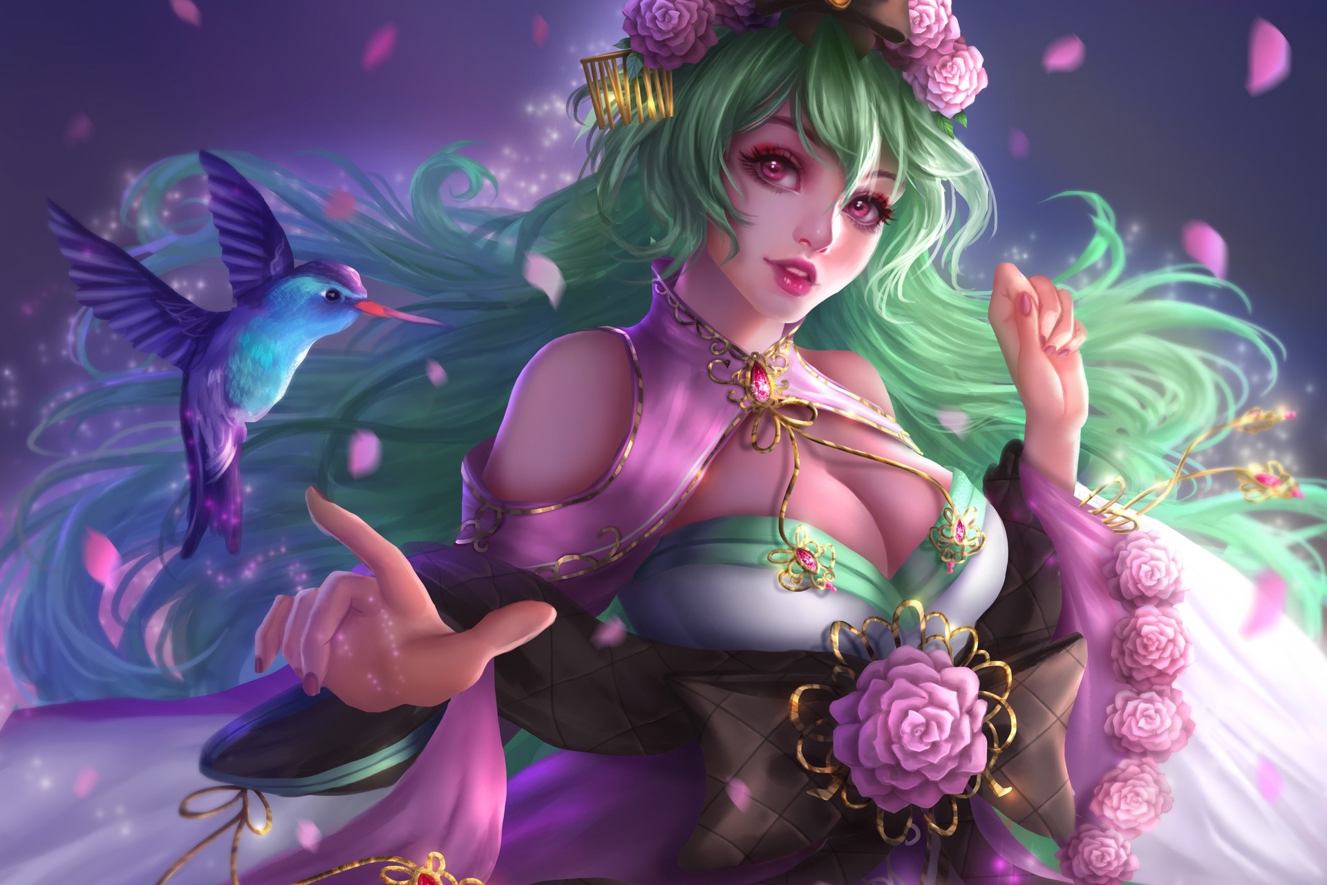 artwork, colorful, fantasy girl, fantasy art, anime, anime girls, birds, green hair, HD Wallpaper