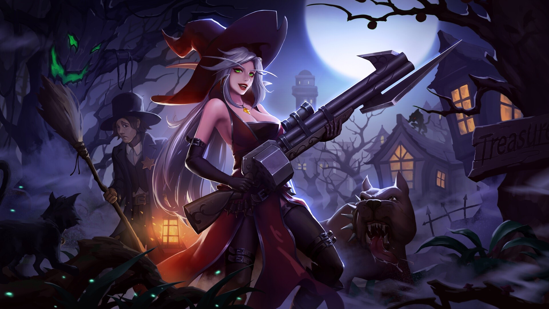 witch, fantasy art, fantasy girl, witch hat, witches broom, HD Wallpaper