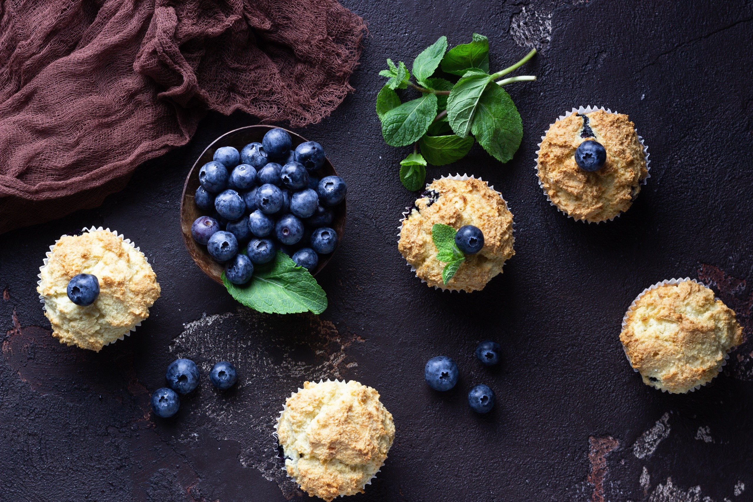 food, berries, fruit, still life, blueberries, mint leaves, cupcakes, HD Wallpaper
