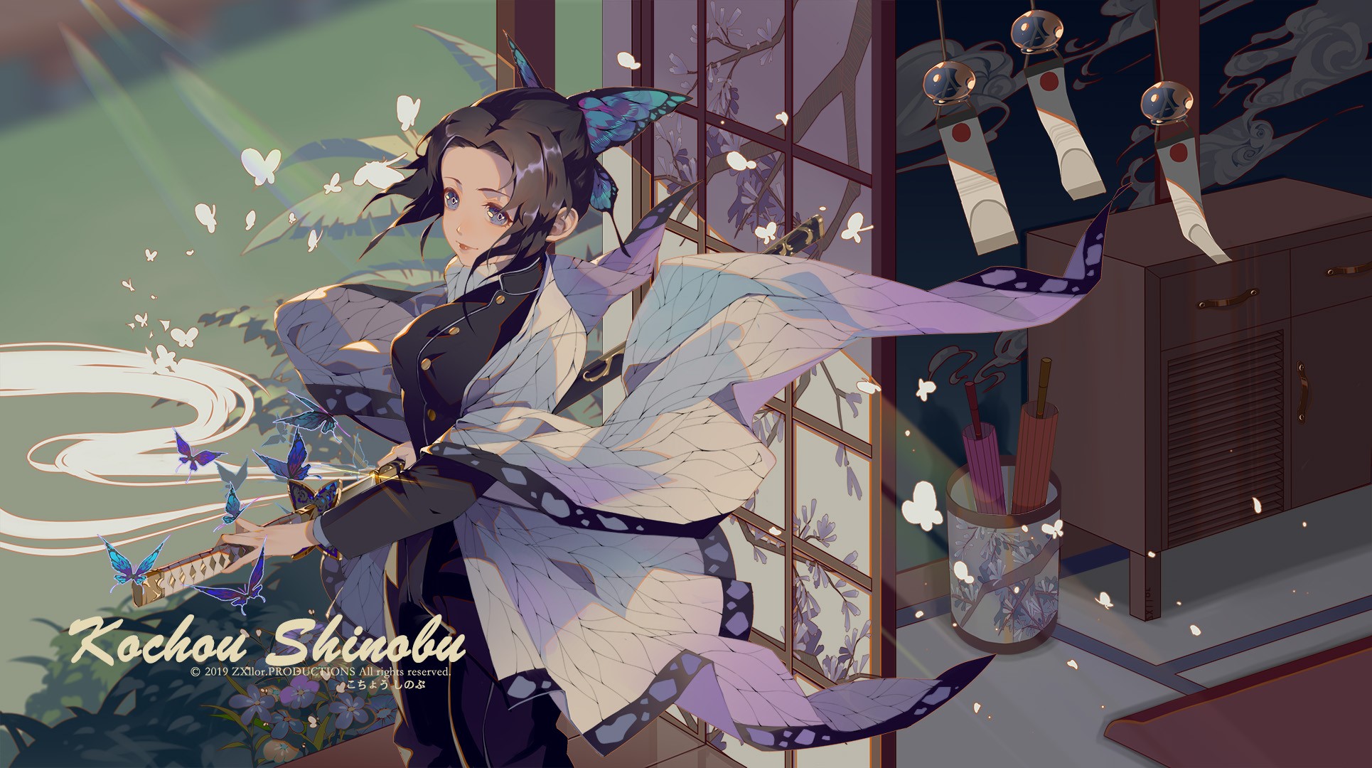 anime, anime girls, digital art, artwork, 2D, portrait, Kochou Shinobu, Kimetsu no Yaiba, Japanese clothes, katana, butterflies, HD Wallpaper