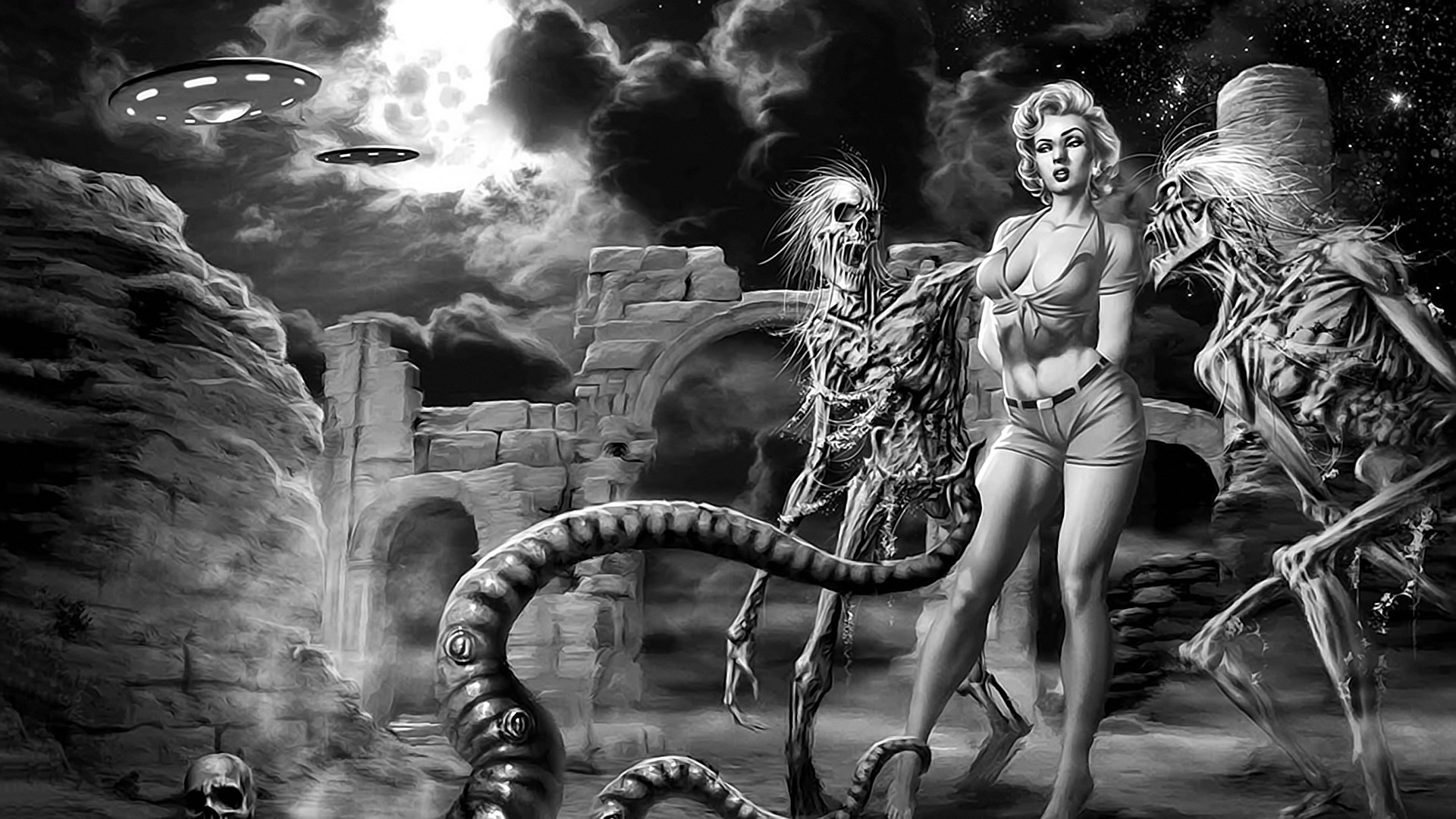 zombies, UFOs, tentacles, halter top, monochrome, HD Wallpaper