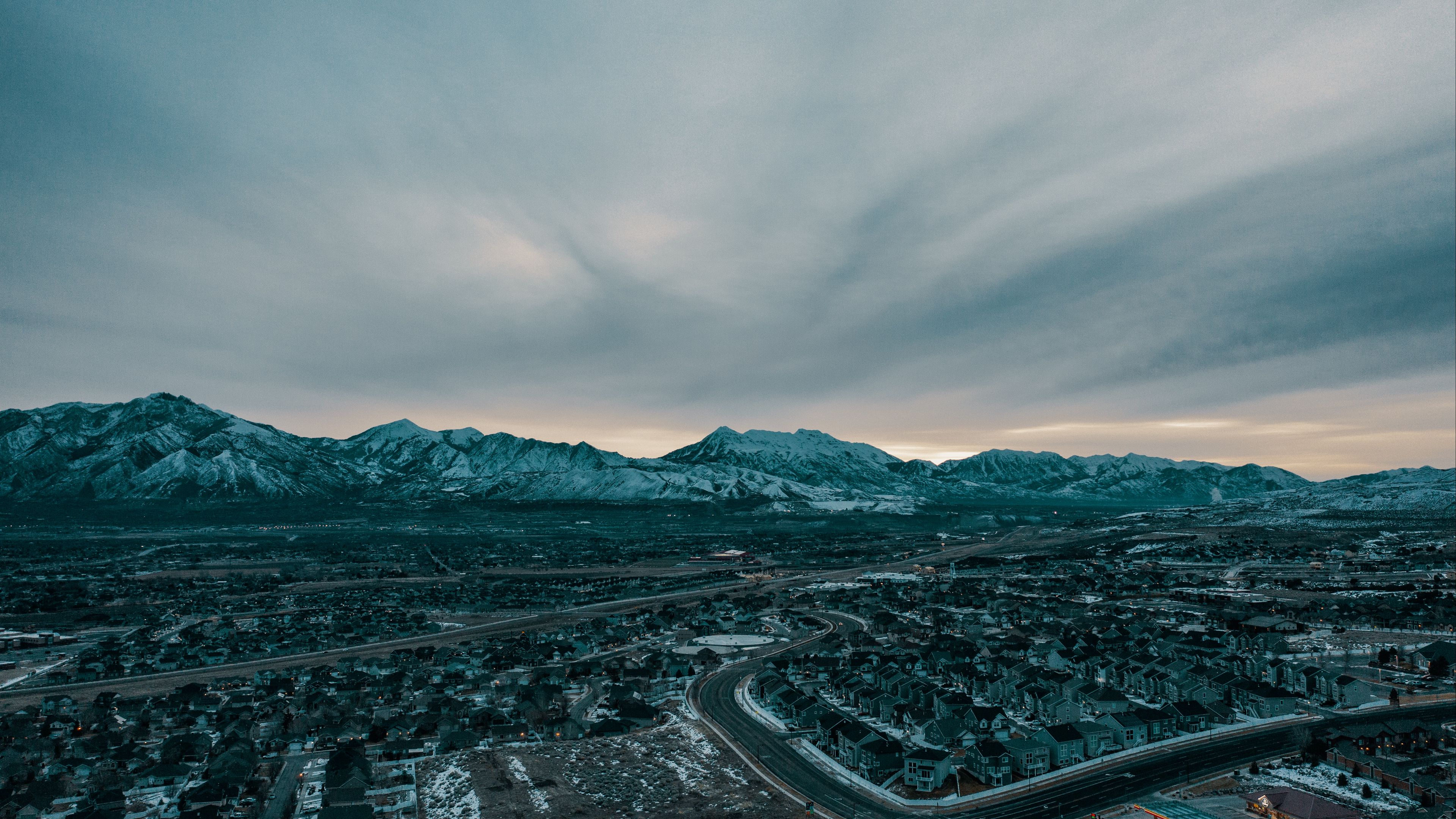 mountains, aerial view, village, snowy, sky, 4k, HD Wallpaper
