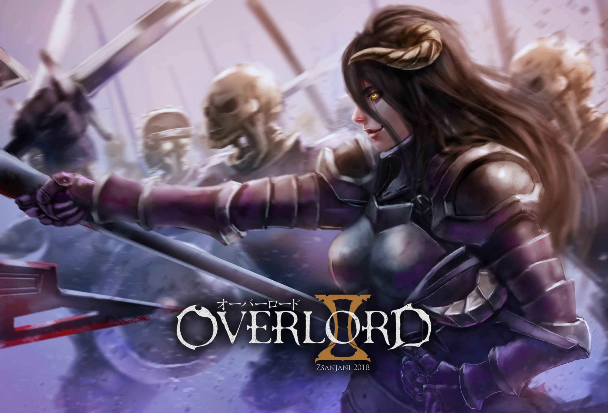 Overlord (anime), 2D, fan art, digital art, anime girls, big boobs, black hair, long hair, fantasy armor, fantasy weapon, skeleton, Albedo (OverLord), succubus, horns, yellow eyes, HD Wallpaper