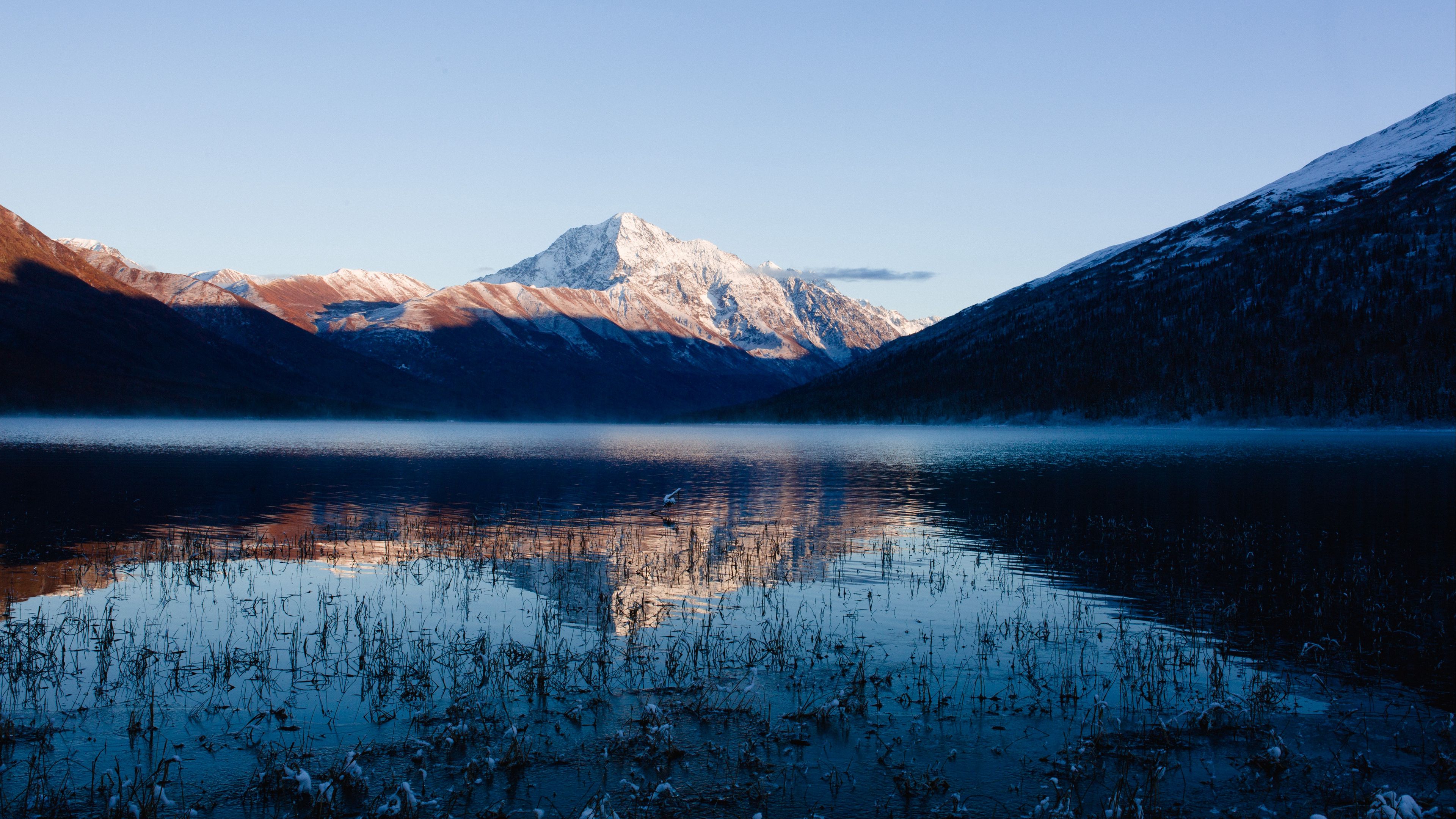 lake, mountain, water, grass, snow, 4k, HD Wallpaper