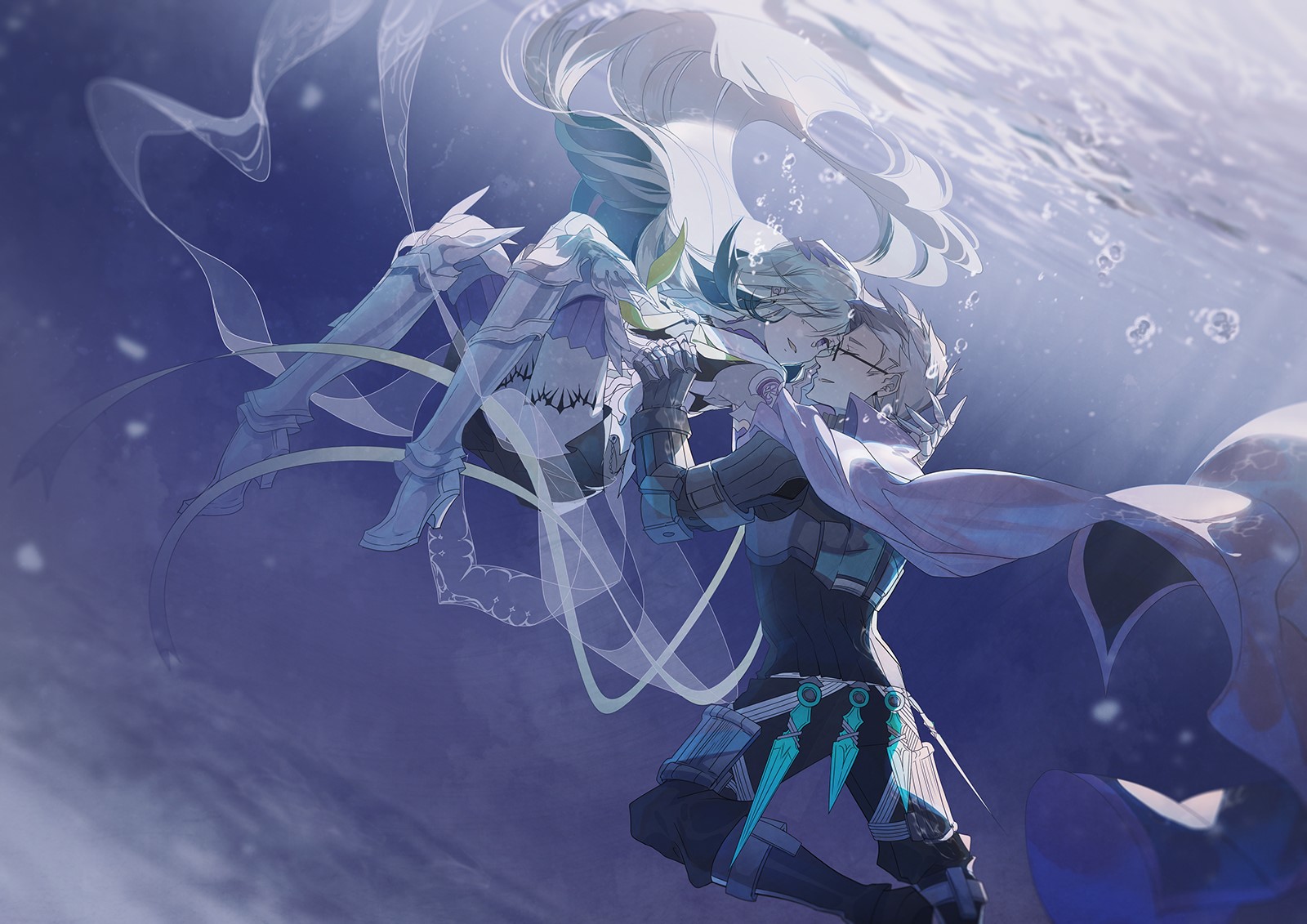 anime, anime girls, digital art, artwork, 2D, portrait, underwater, purple background, blue hair, HD Wallpaper