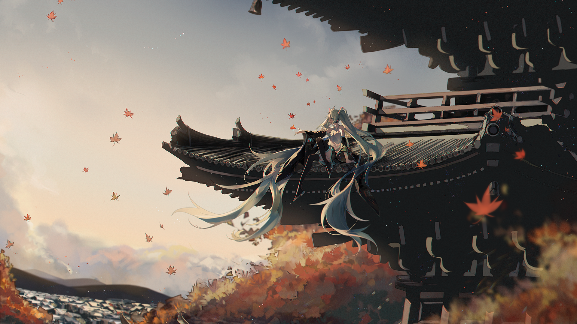 building, Hatsune Miku, long hair, shrine, moescape, Vocaloid, HD Wallpaper