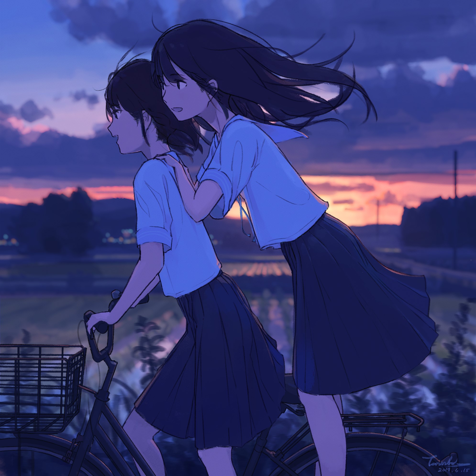 anime, anime girls, bicycle, sunset, dark hair, school uniform, HD Wallpaper