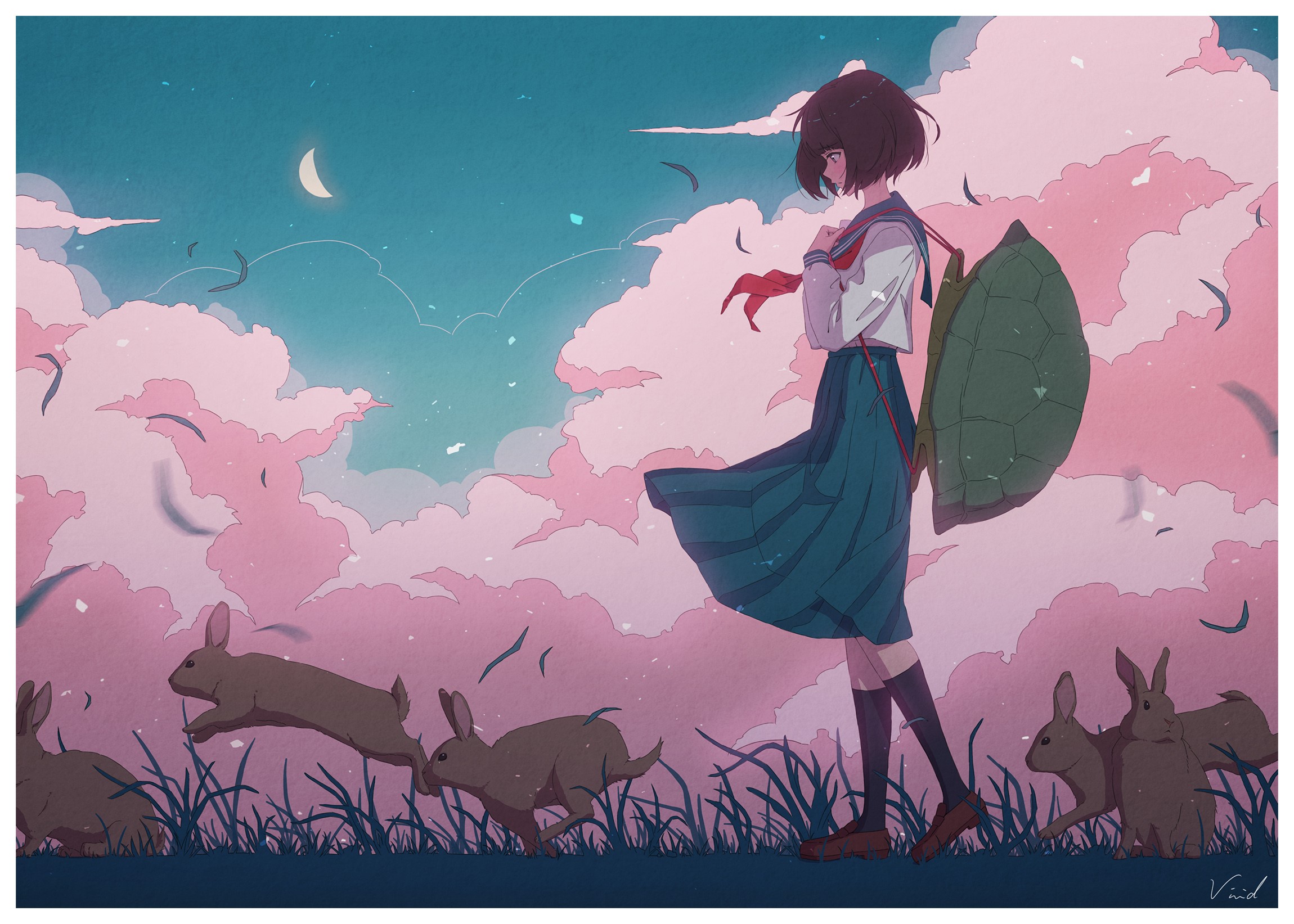 anime, anime girls, sky, clouds, short hair, dark hair, school uniform, sailor uniform, rabbits, original characters, HD Wallpaper