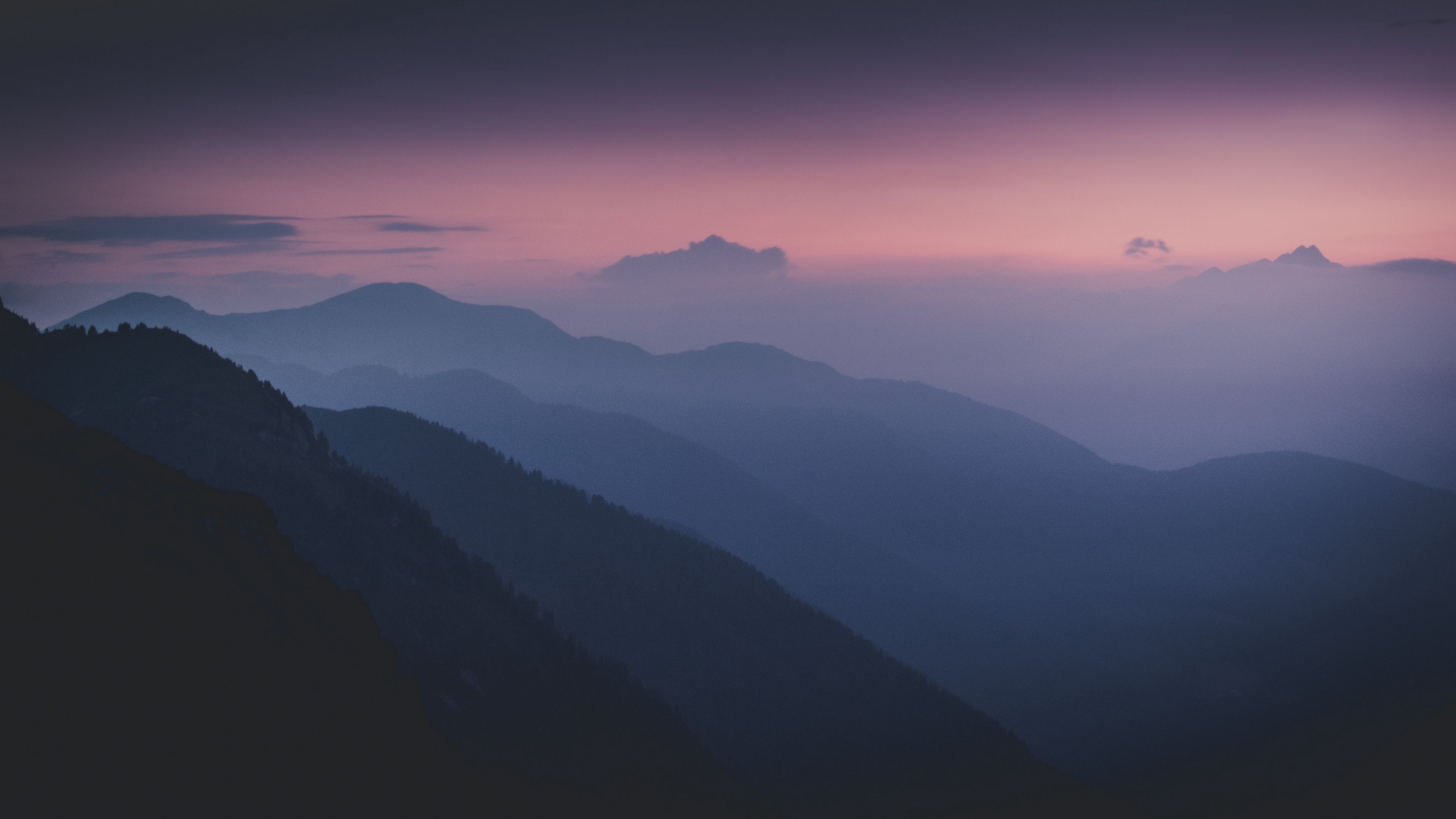 mountains, fog, night, dark, trees, slopes, 4k, HD Wallpaper