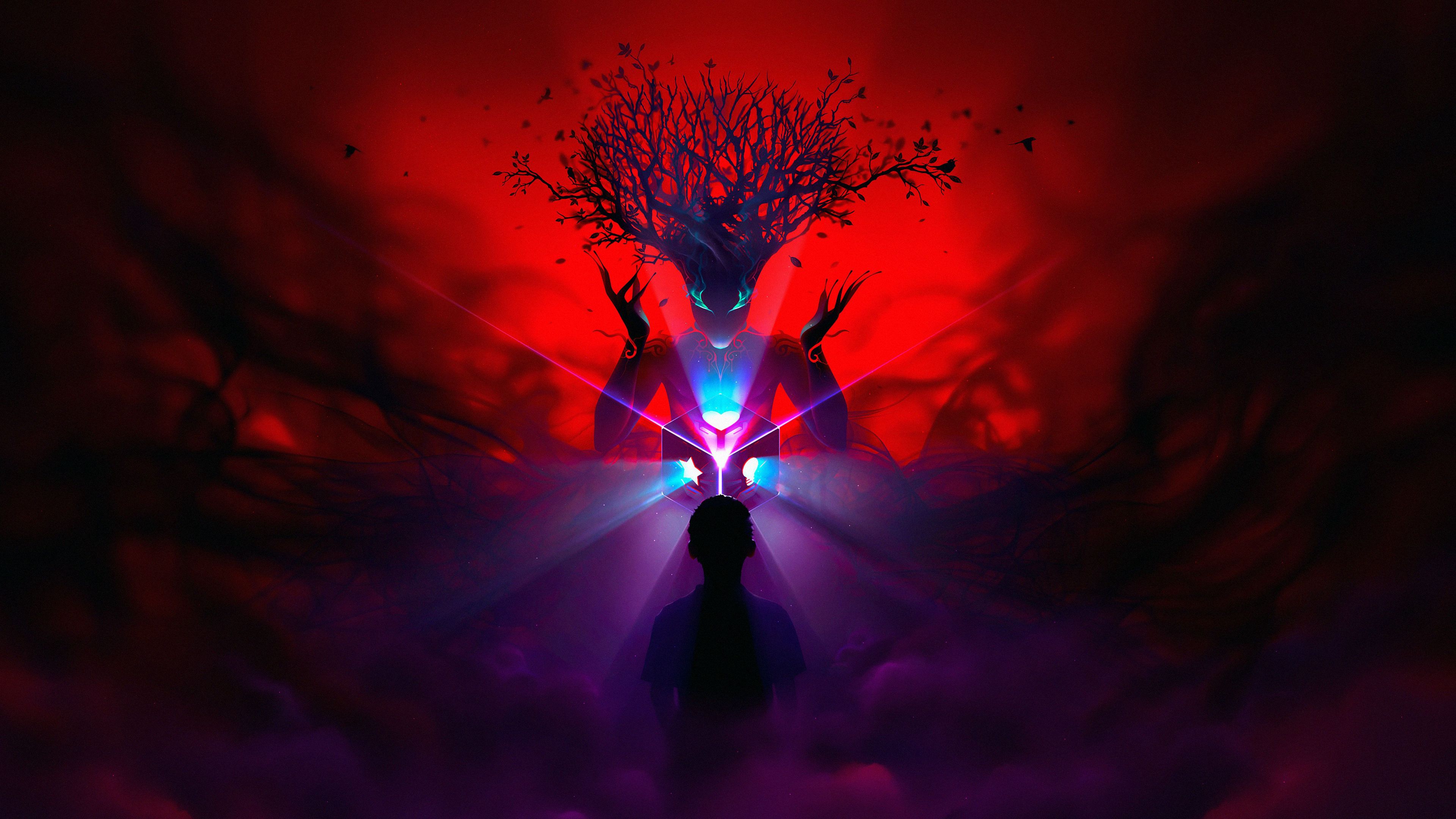 silhouette, tree, man, fantastic, red, 4k, HD Wallpaper