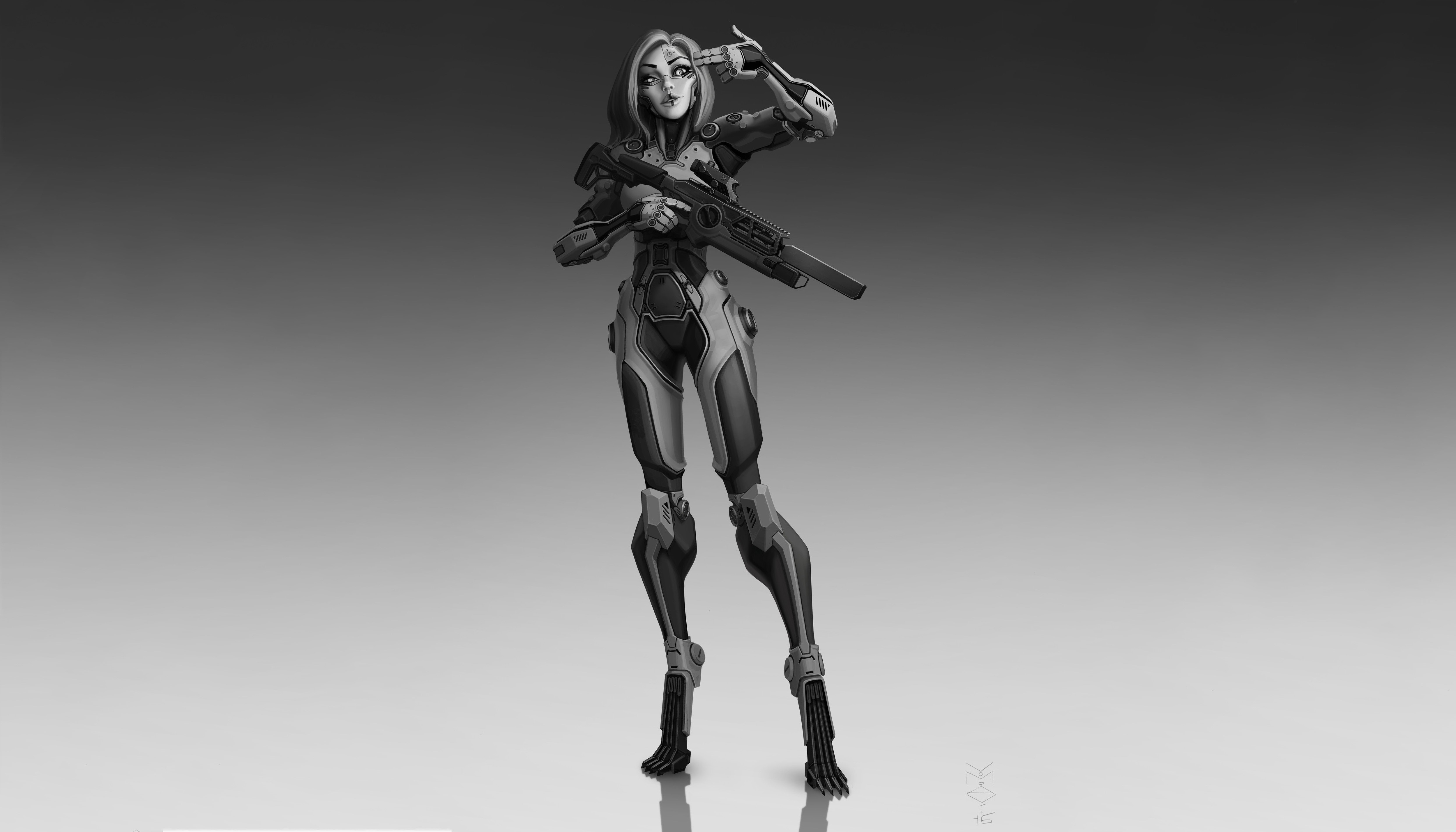 cyborg, simple background, artwork, futuristic, HD Wallpaper