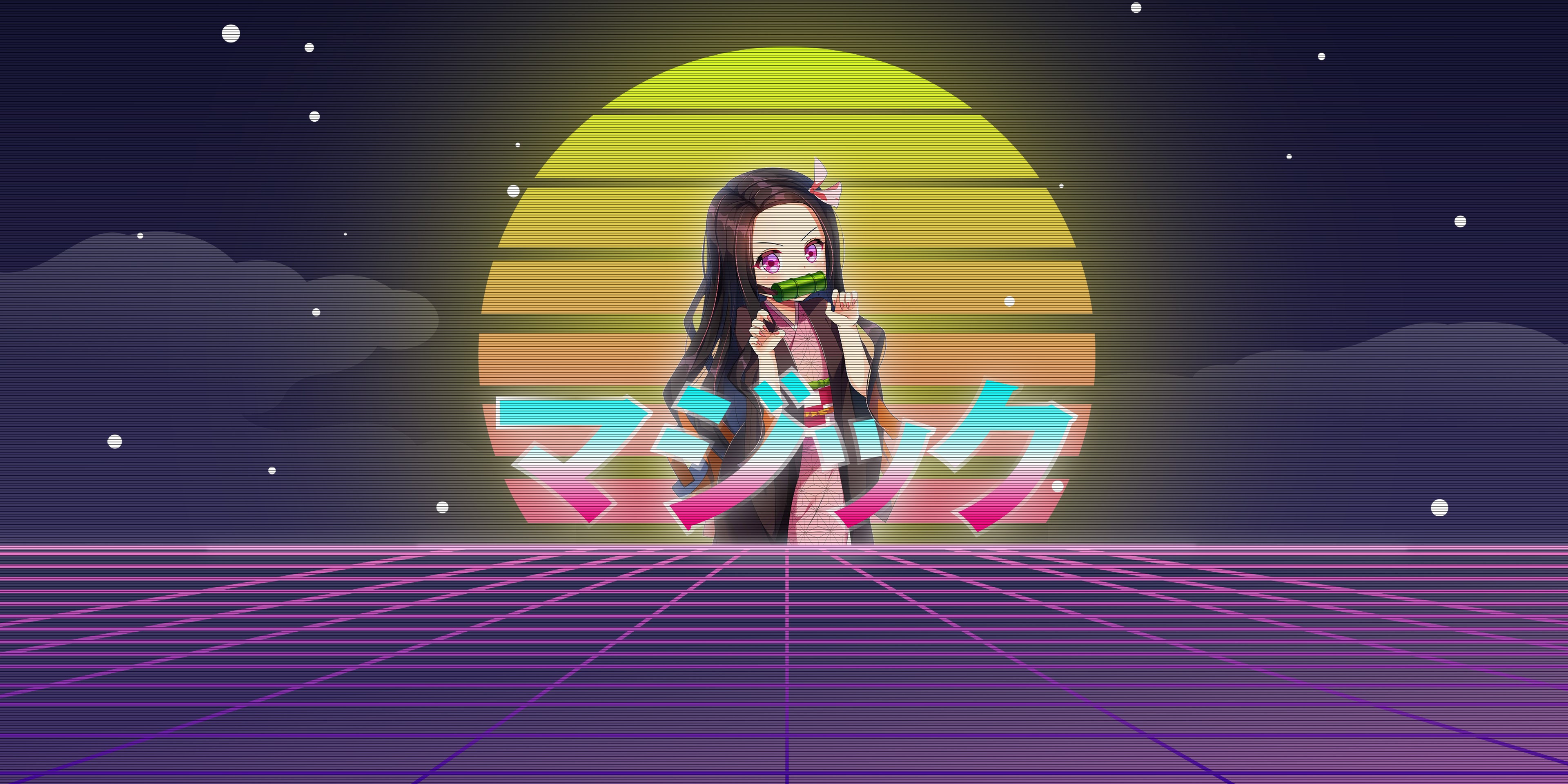anime, Kimetsu no Yaiba, vaporwave, anime girls, Kamado Nezuko, HD Wallpaper