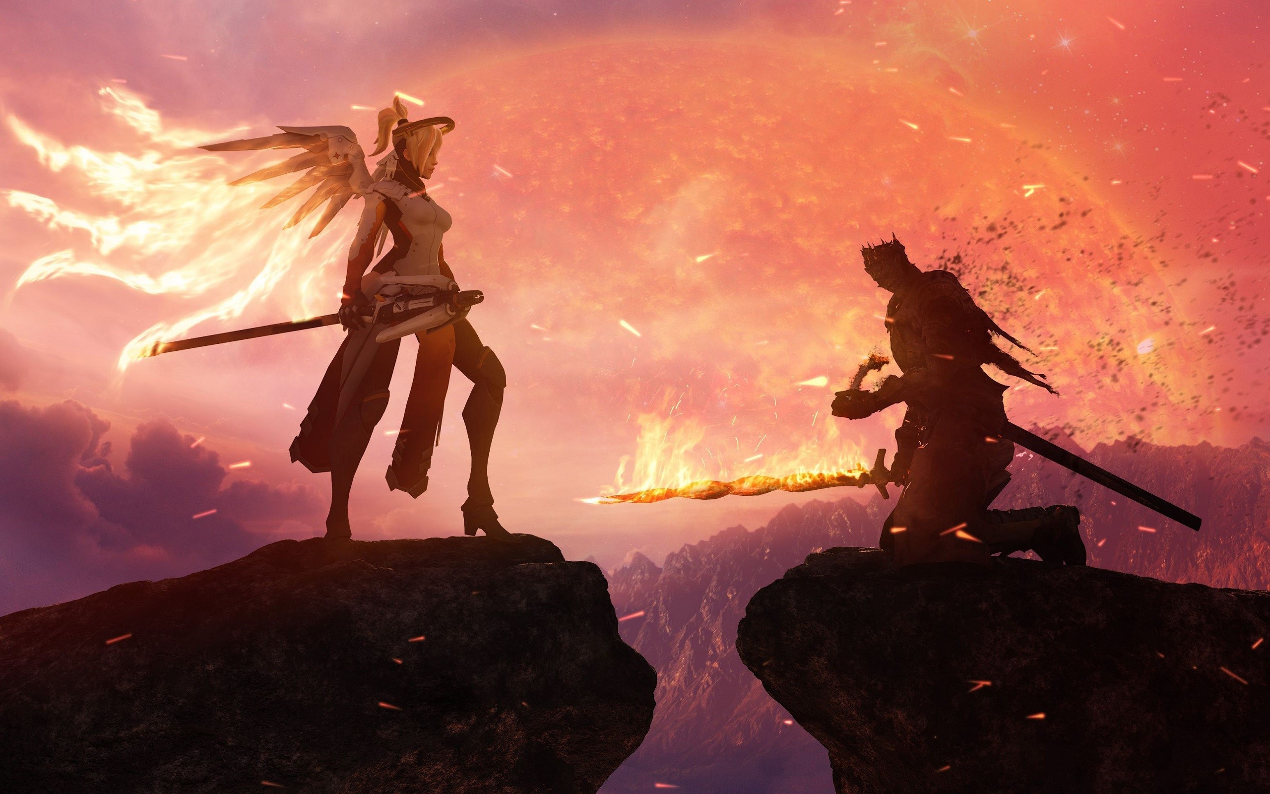 Mercy (Overwatch), Overwatch, Dark Souls, crossover, video games, sword, fire, wings, women, HD Wallpaper