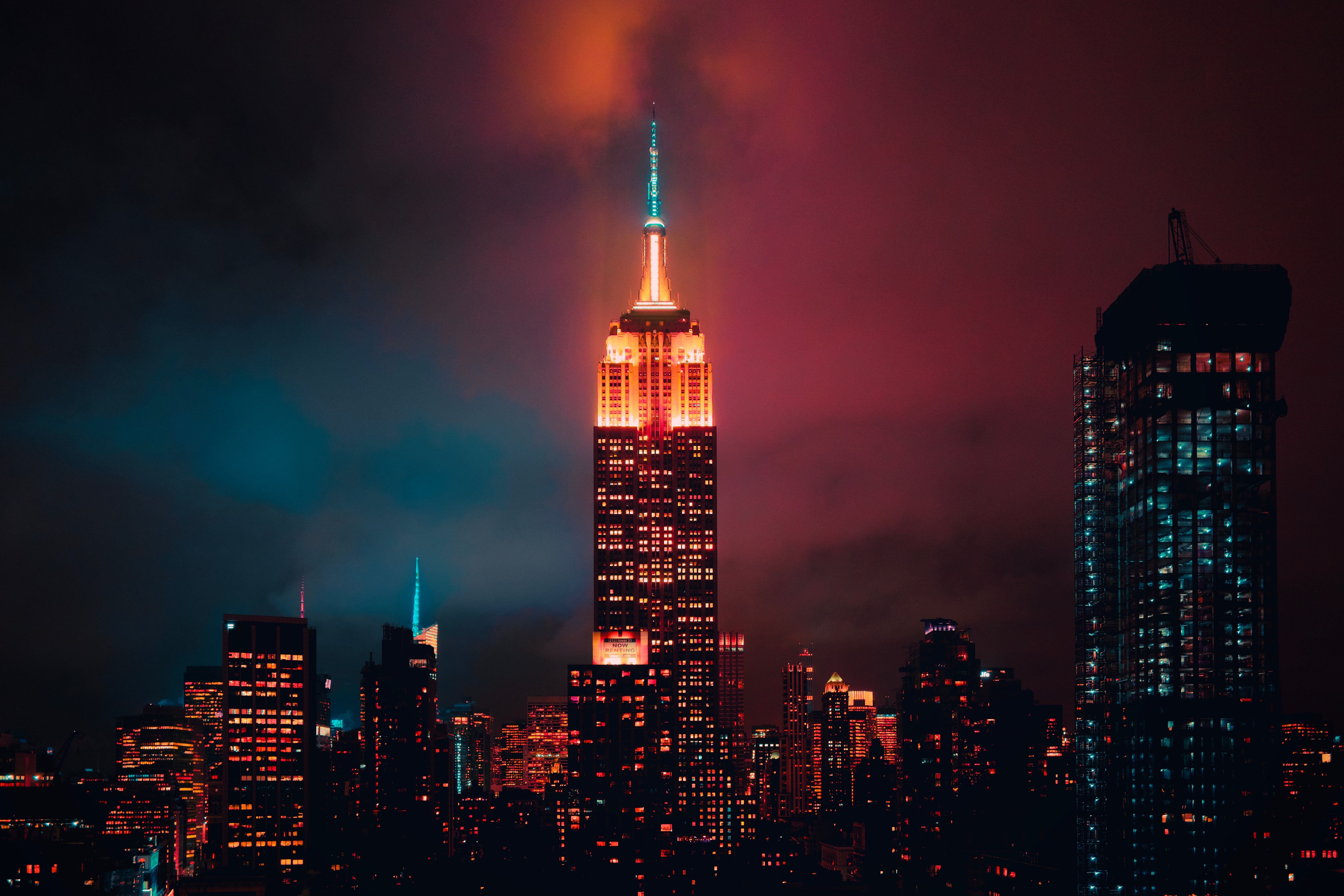 Empire State Building, New York City, night, cityscape, lights, USA, photography, red, HD Wallpaper