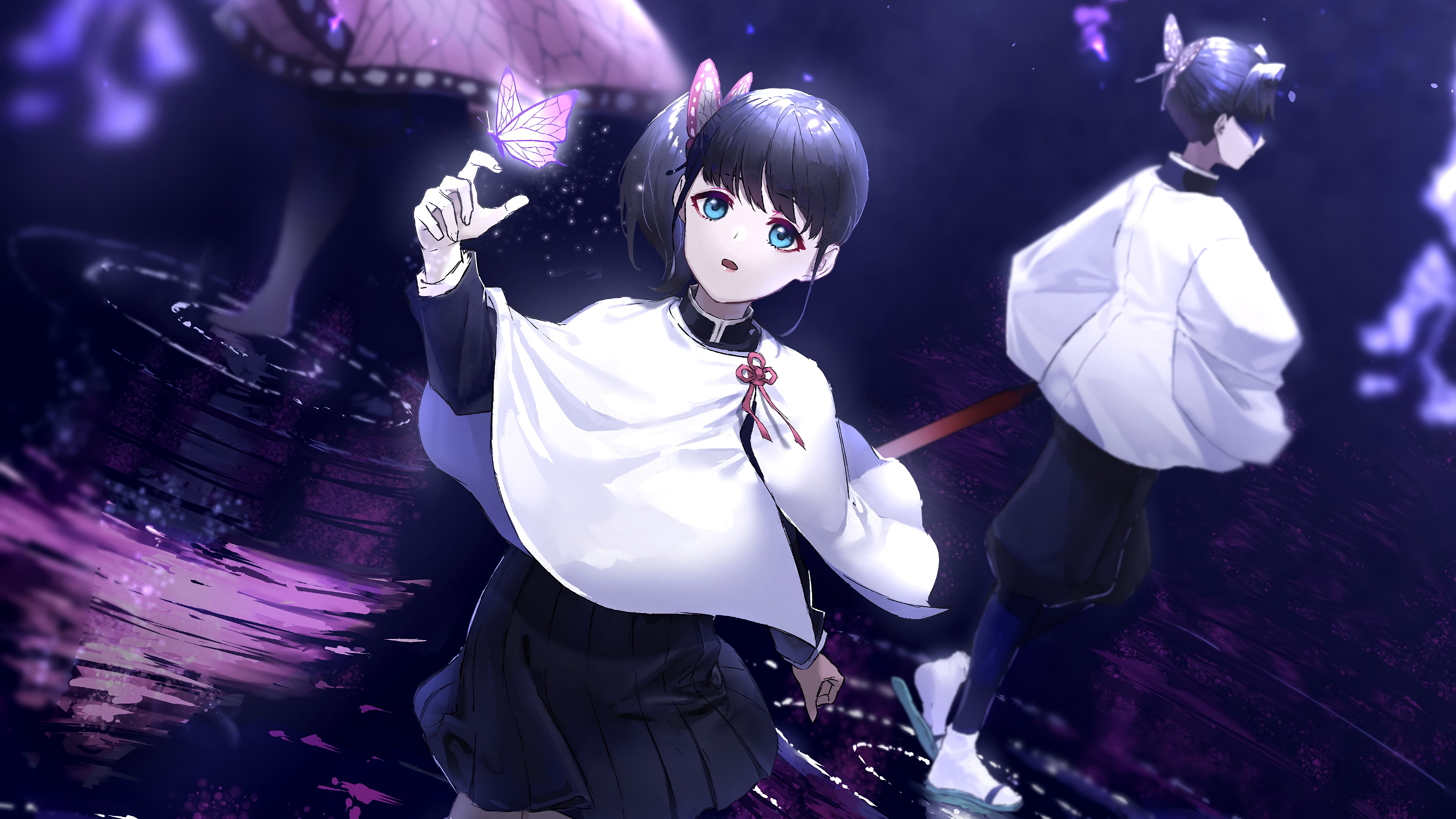 digital, digital art, illustration, artwork, drawing, digital painting, anime, anime girls, women, fantasy girl, fictional, fictional character, Kimetsu no Yaiba, Kanao Tsuyuri, water, sea, reflection, lights, dark, butterfly, animals, butterflies, Kochou Shinobu, blue eyes, short hair, environment, concept art, HD Wallpaper