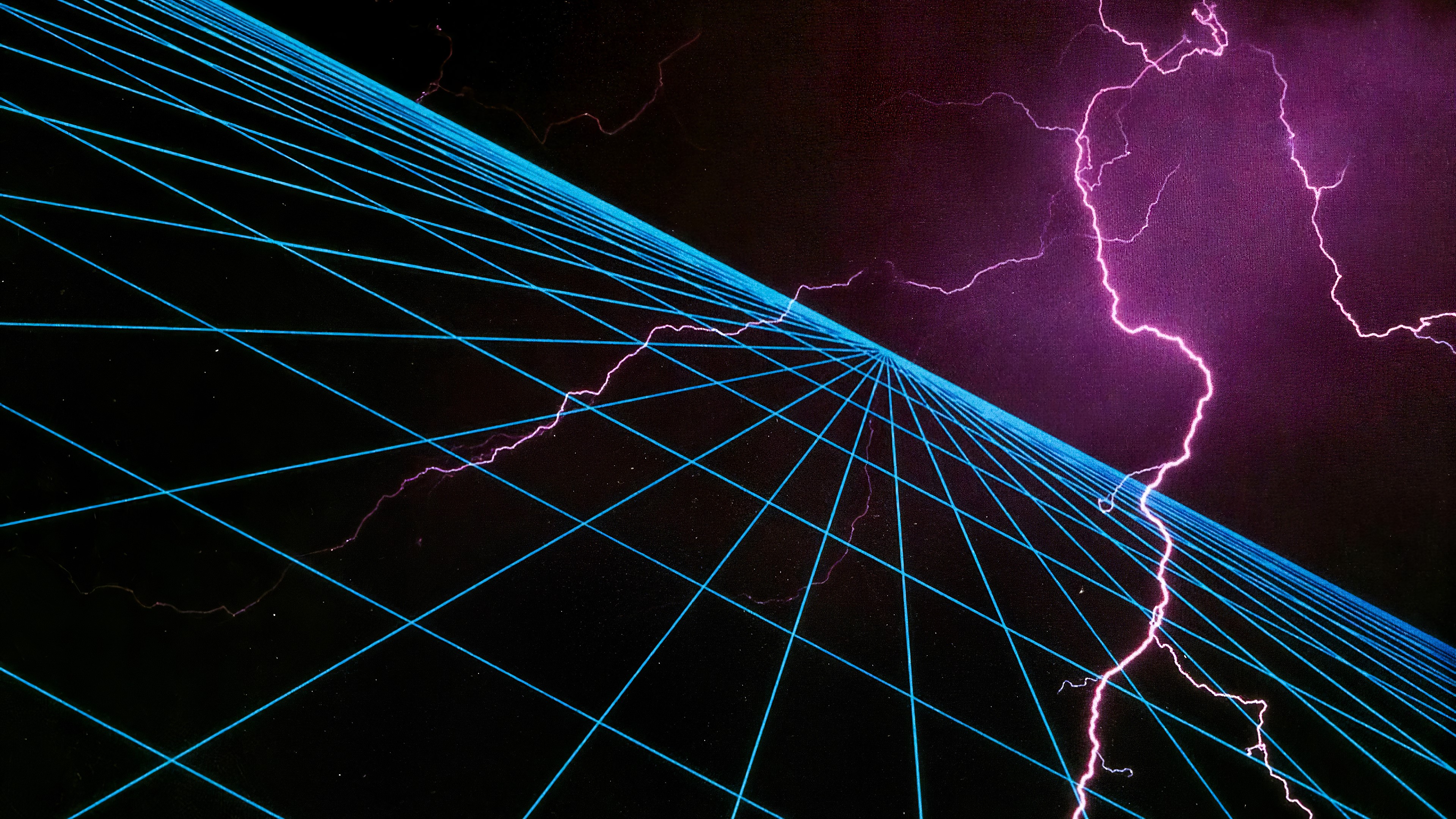 grid, lightning, neon, cyan, HD Wallpaper