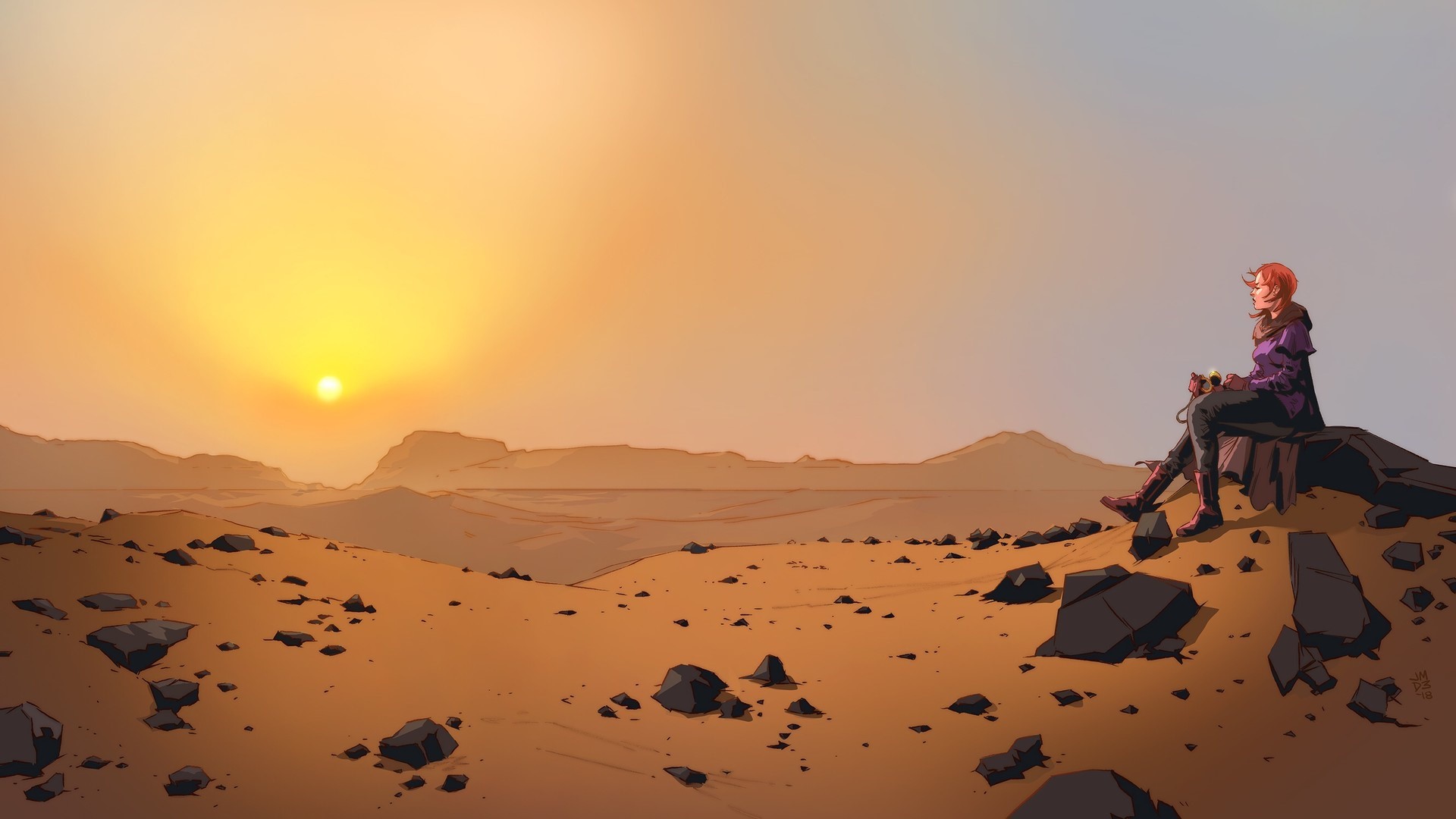 desert, sky, Sun, women, sitting, artwork, HD Wallpaper