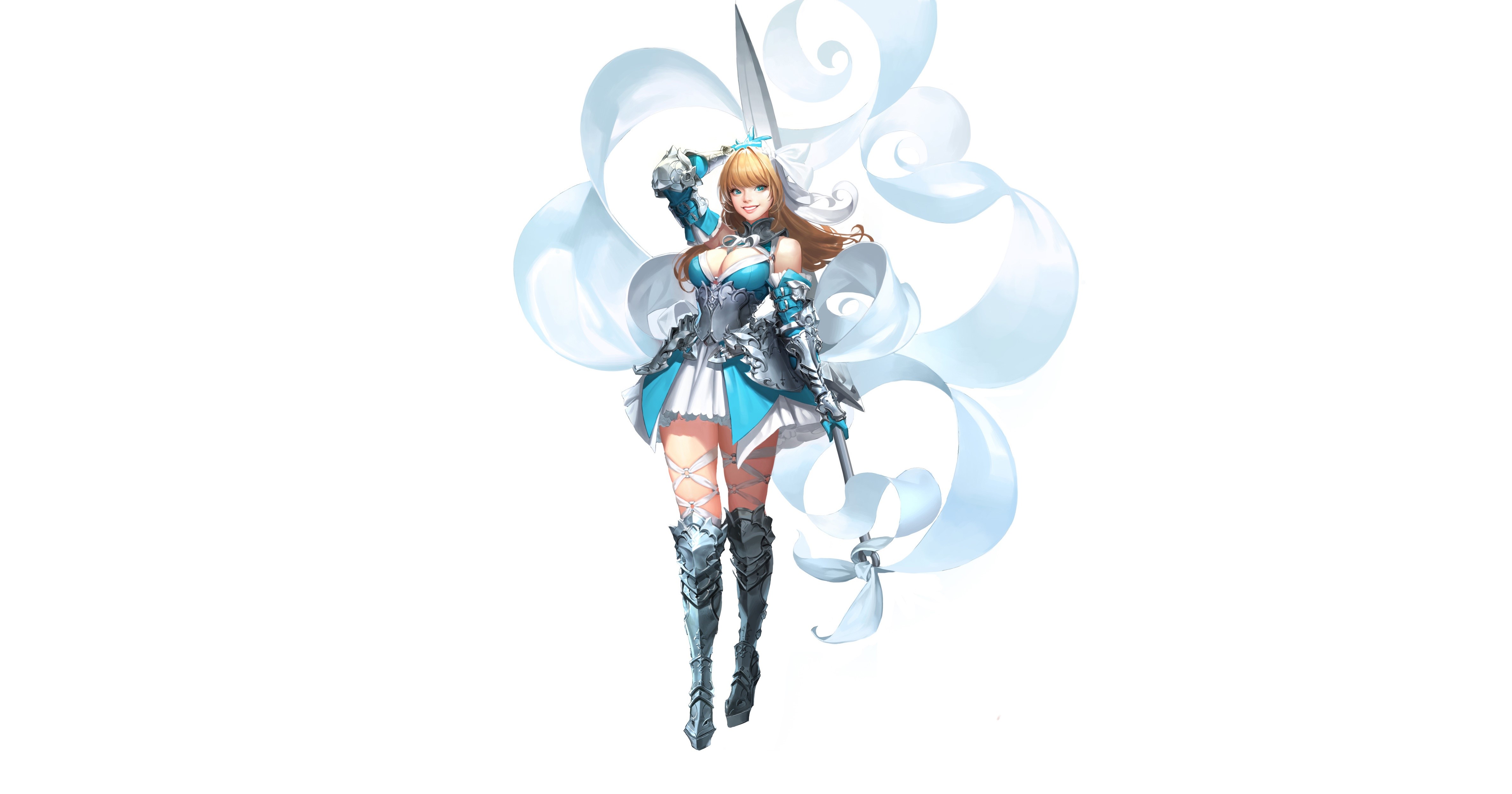 fantasy girl, fantasy art, smiling, simple background, white background, weapon, HD Wallpaper