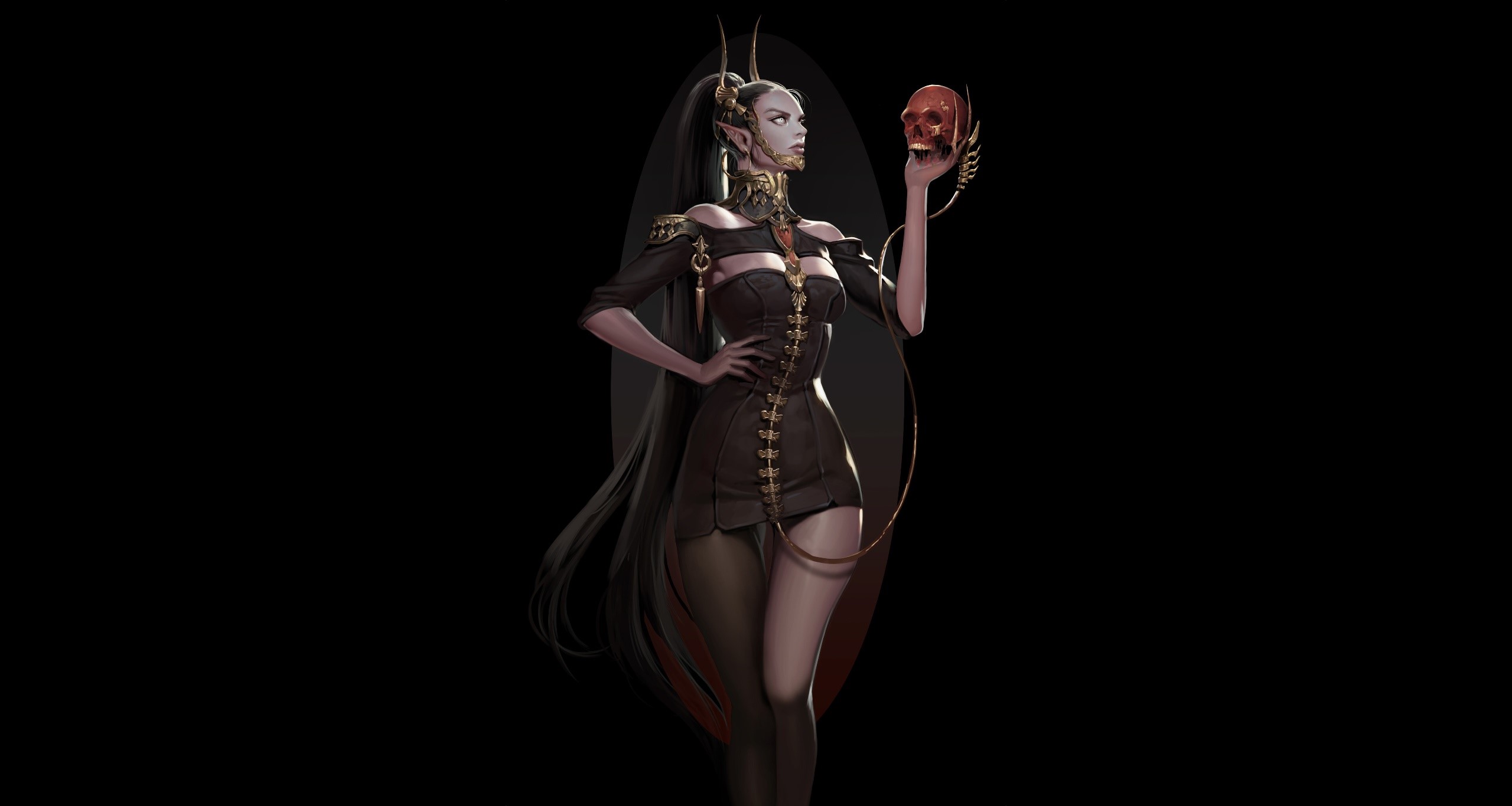 fantasy art, fantasy girl, skull, simple background, black background, HD Wallpaper