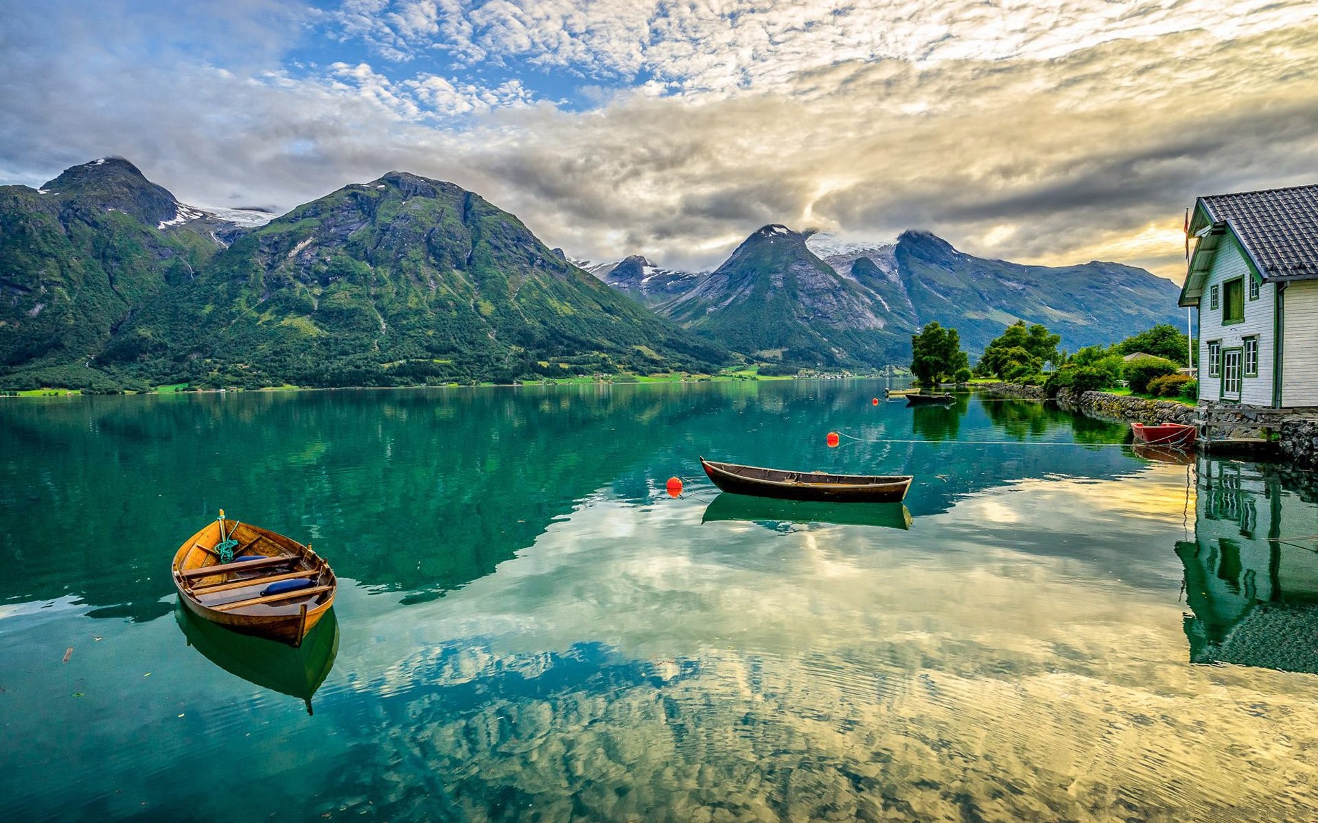 nature, lake, mountains, boat, clouds, reflection, HD Wallpaper