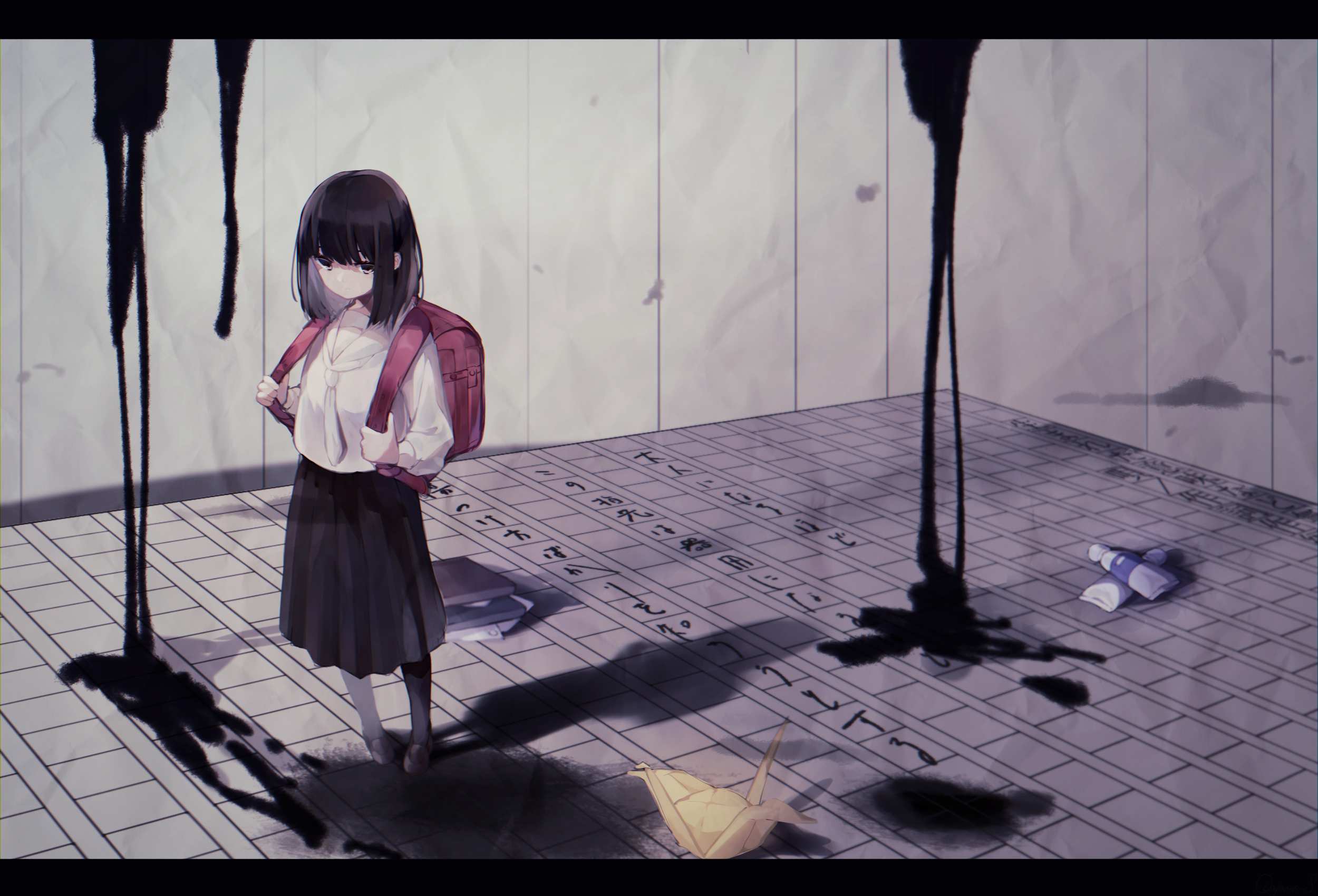 Utaite, ink, Japanese characters, school uniform, backpacks, HD Wallpaper