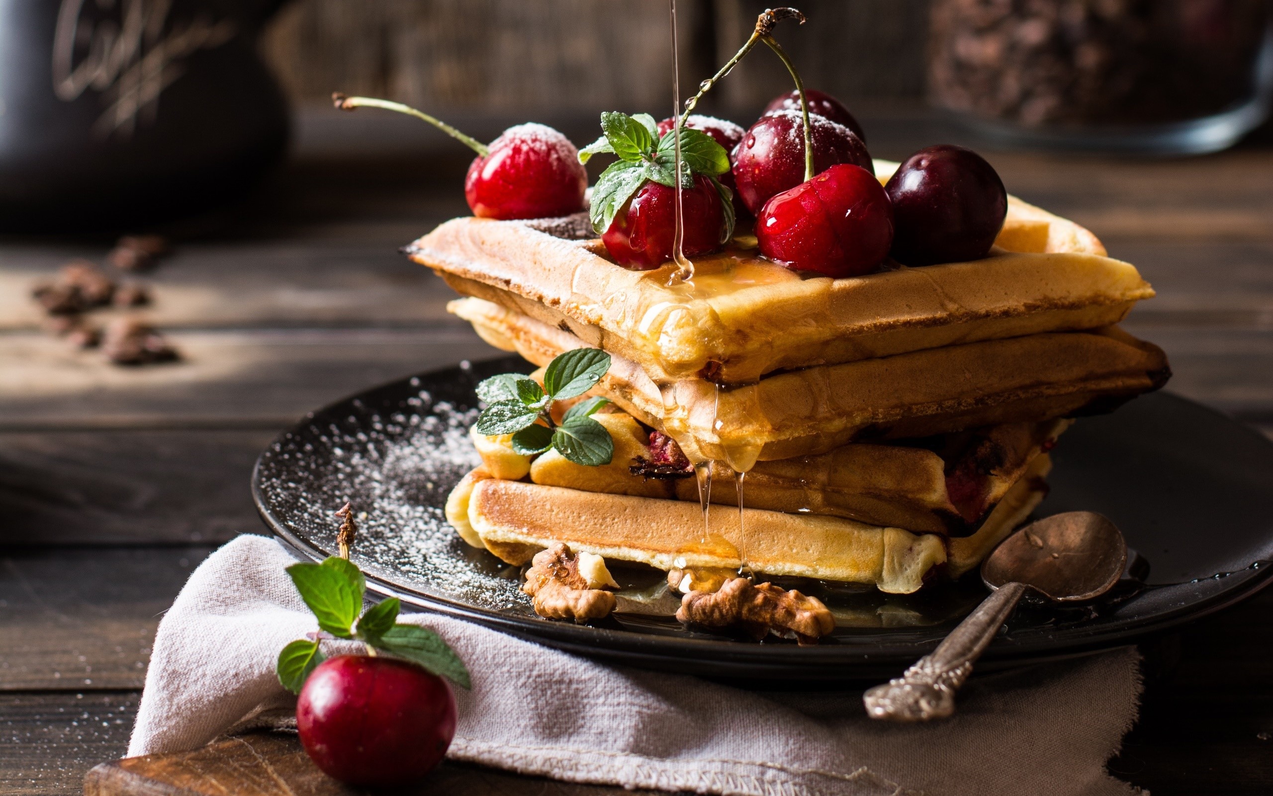 fruit, food, cherries, waffles, sugar, Syrup, mint leaves, plates, spoon, walnuts, wooden surface, HD Wallpaper