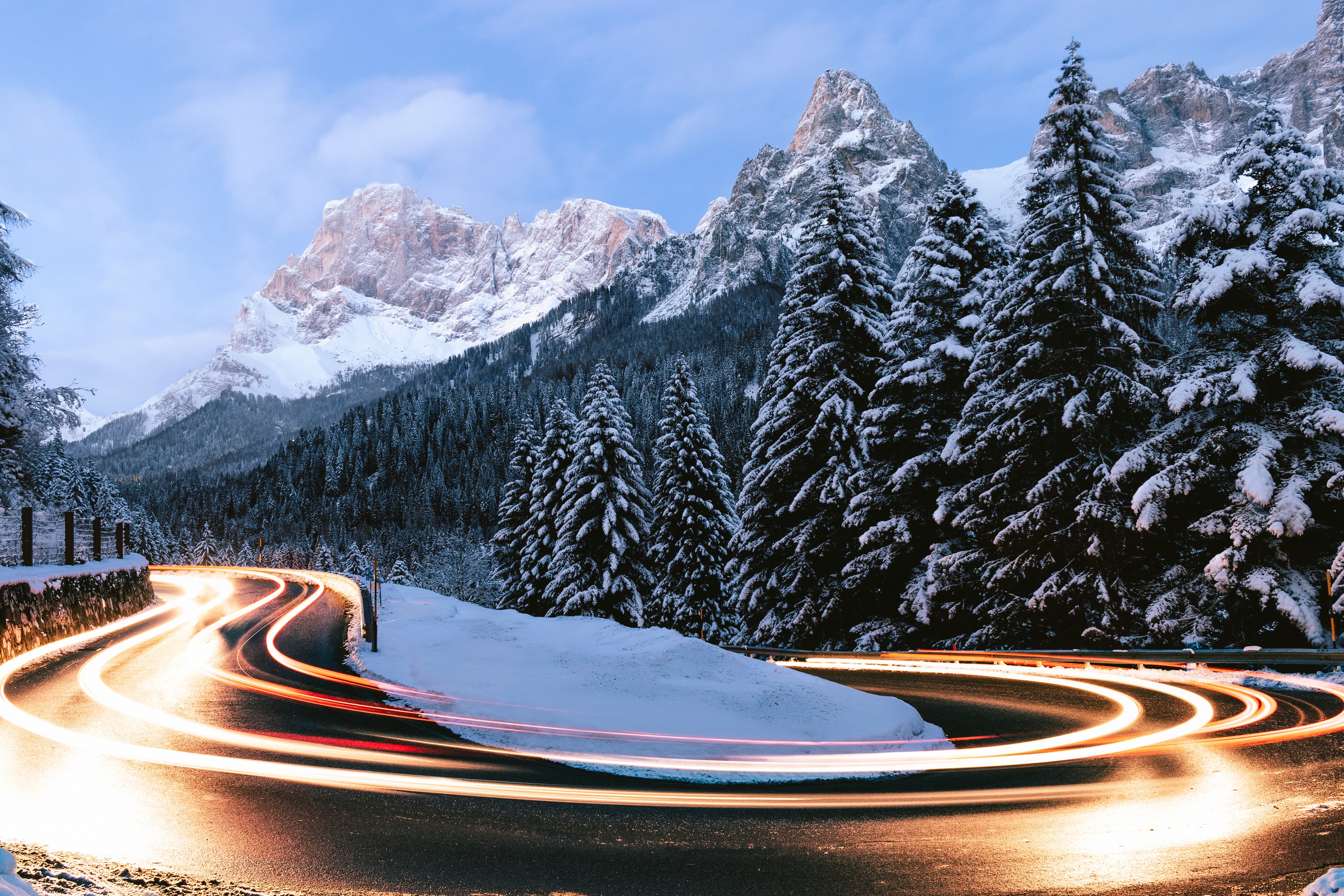 winter, pine trees, mountains, road, snow, landscape, light trails, long exposure, HD Wallpaper