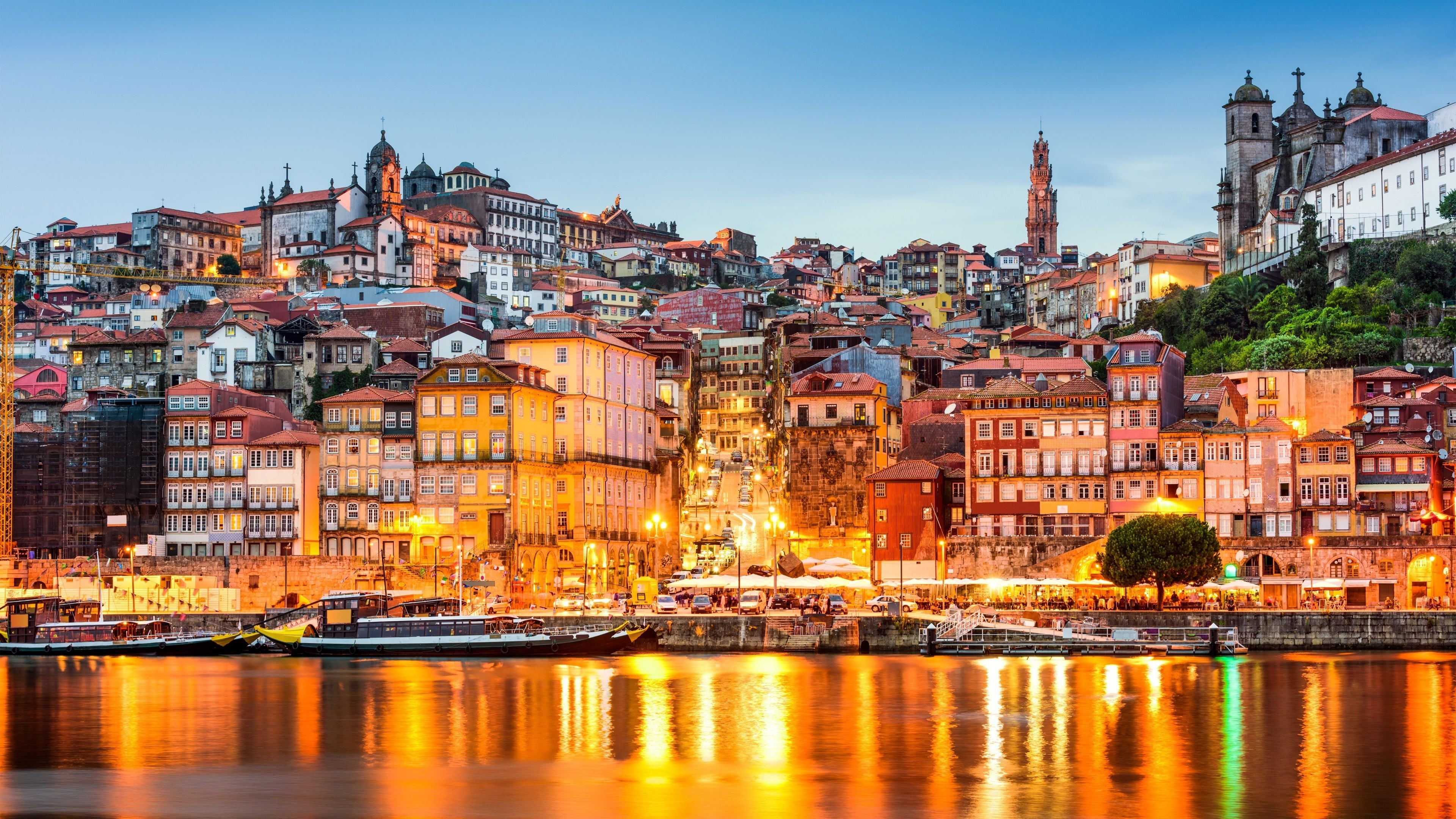 Portugal, Porto, city, sea, city lights, building, HD Wallpaper