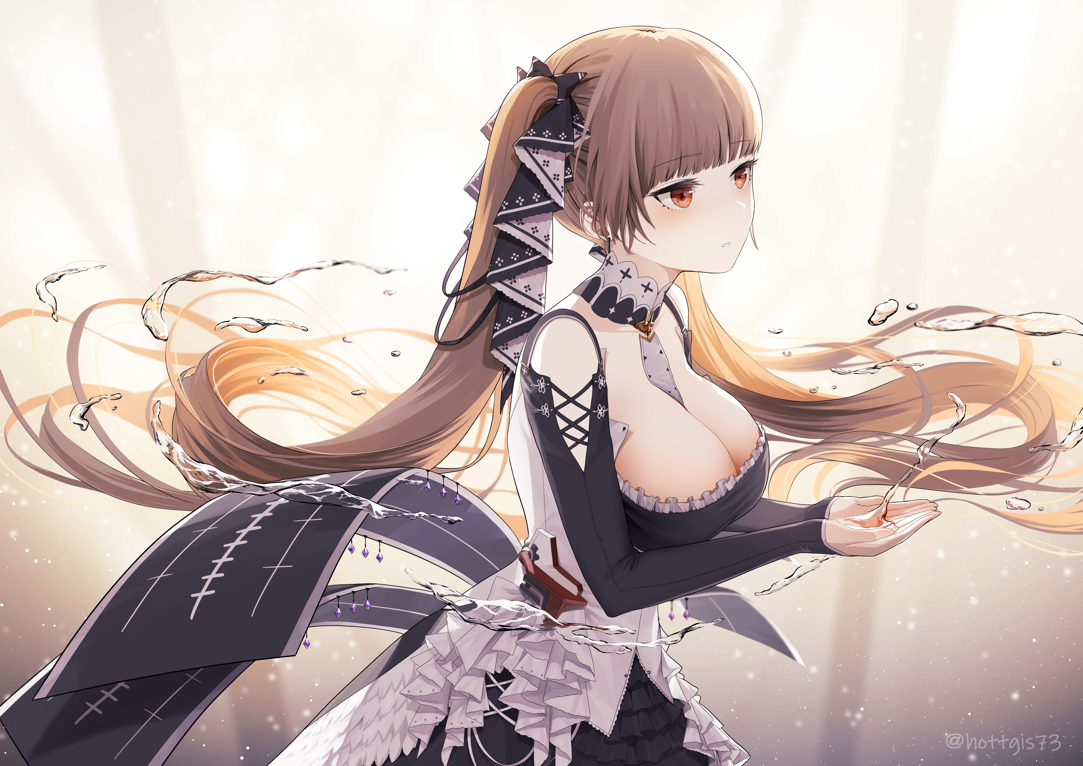 Formidable (Azur Lane), anthropomorphism, cleavage, long hair, red eyes, twintails, water, Azur Lane, HD Wallpaper