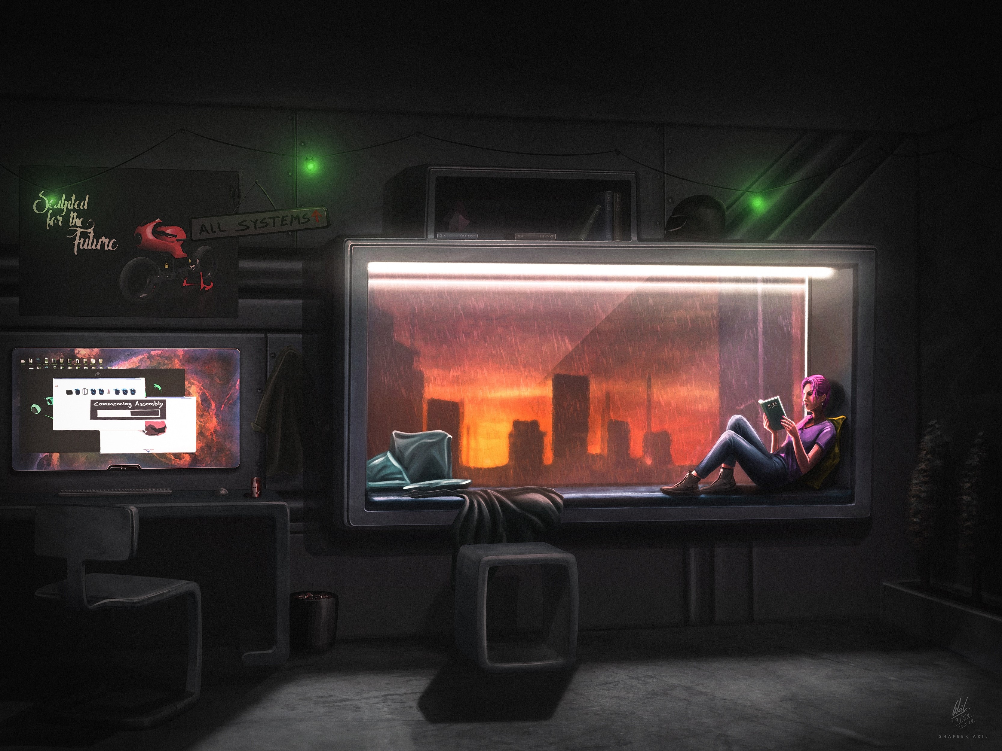by the window, Morina, Shafeek Akil, sitting, dusk, interior, concept art, HD Wallpaper
