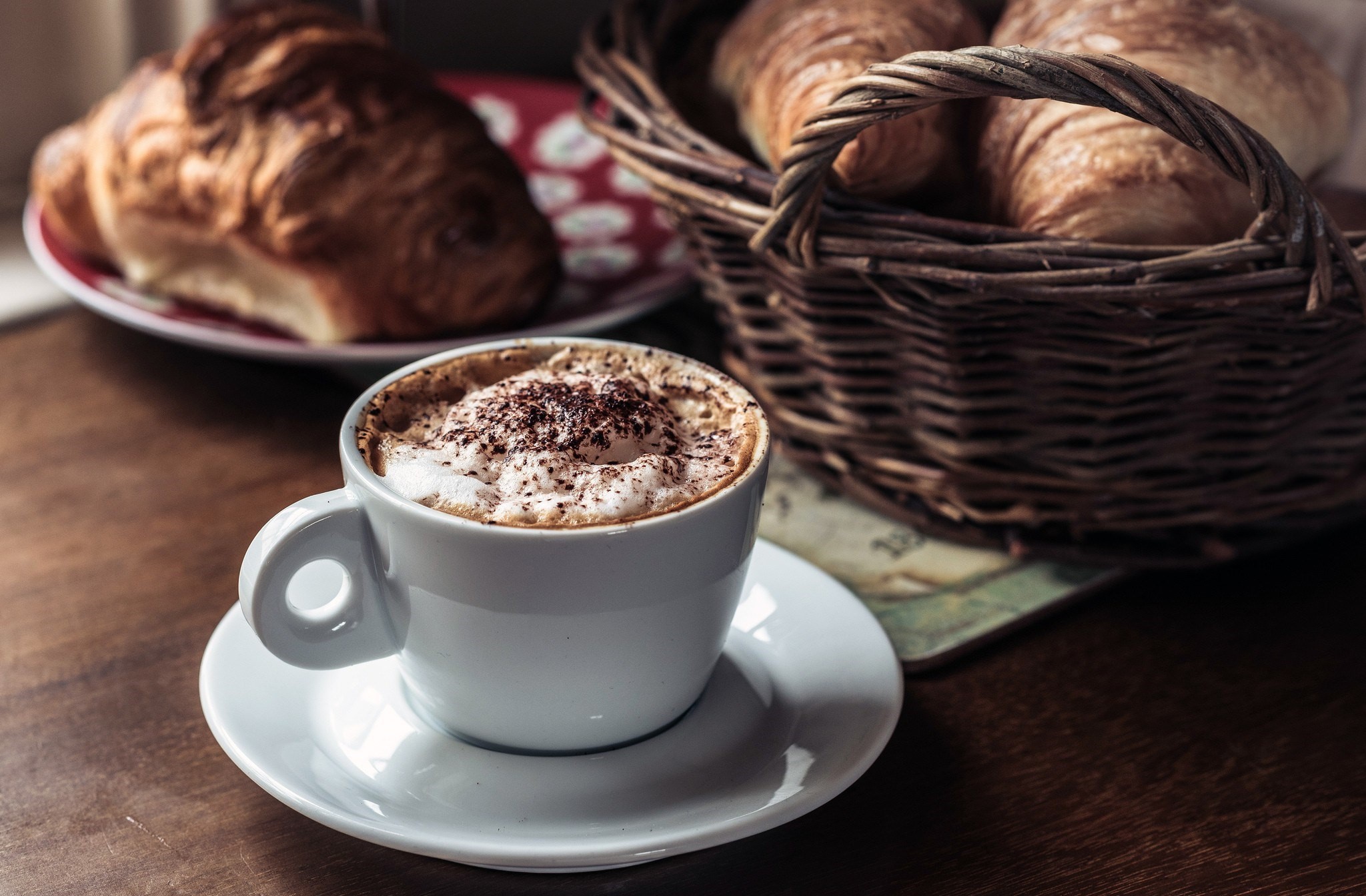 food, cup, coffee, breakfast, croissants, baskets, wooden surface, HD Wallpaper