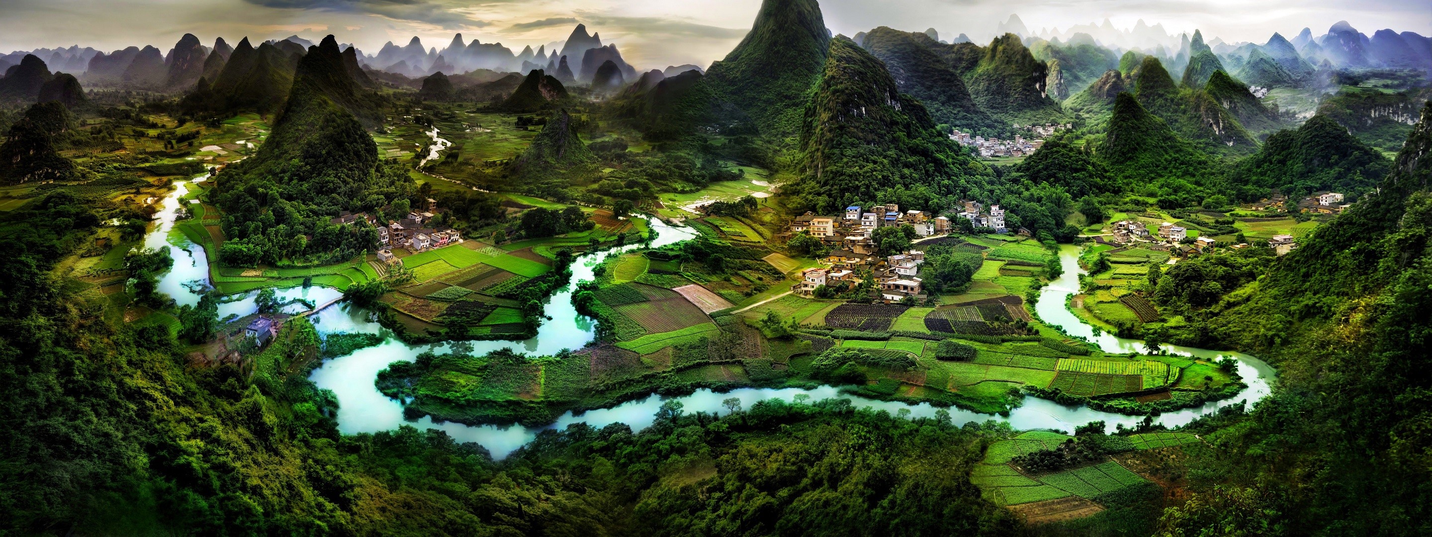 nature, landscape, river, hills, hill, field, village, HD Wallpaper