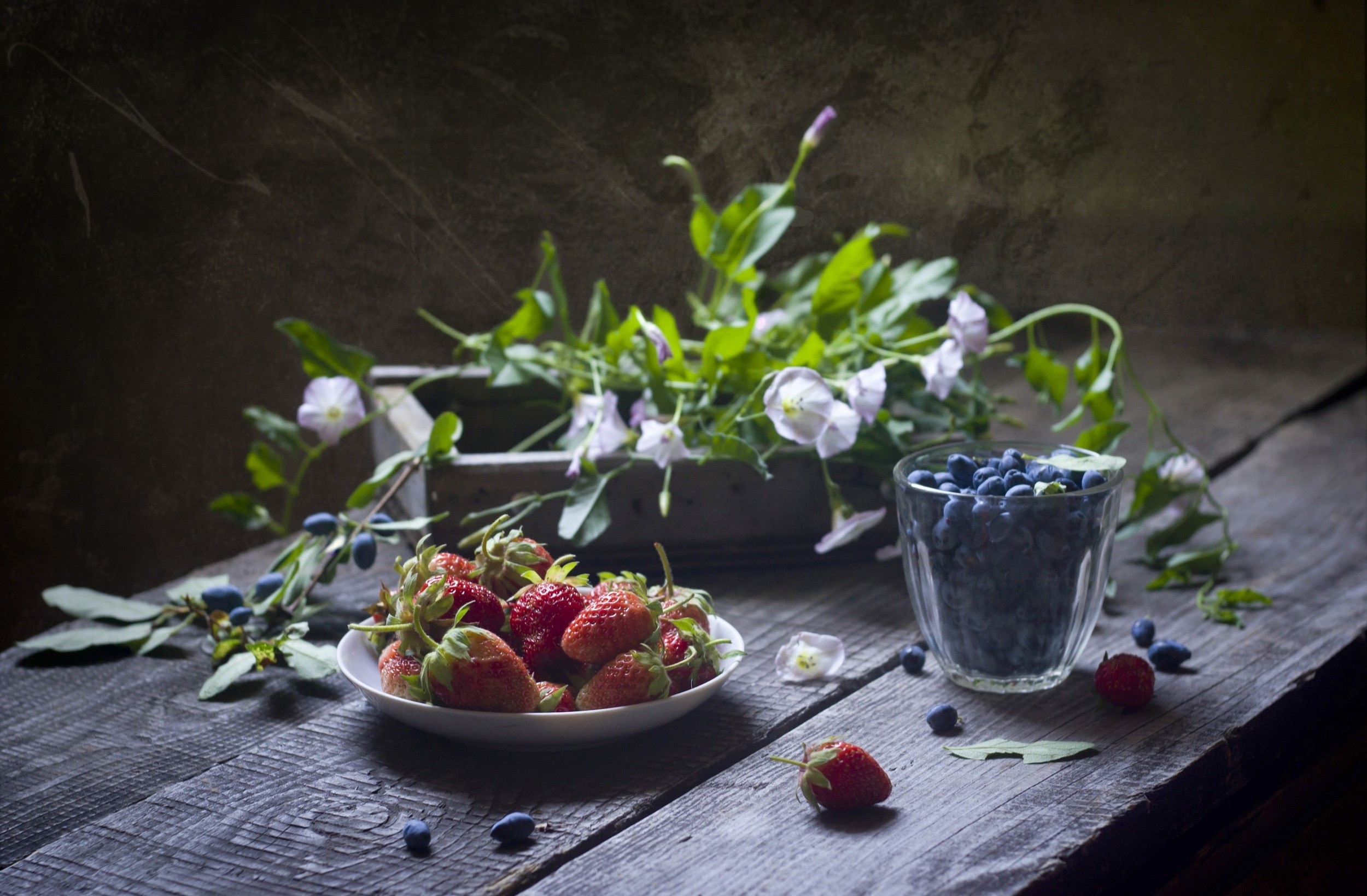 food, fruit, berries, still life, flowers, strawberries, blueberries, wooden surface, HD Wallpaper