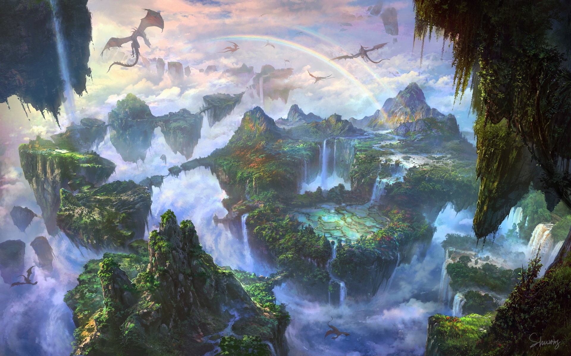 artwork, fantasy art, dragon, rainbows, waterfall, li shuxing, HD Wallpaper