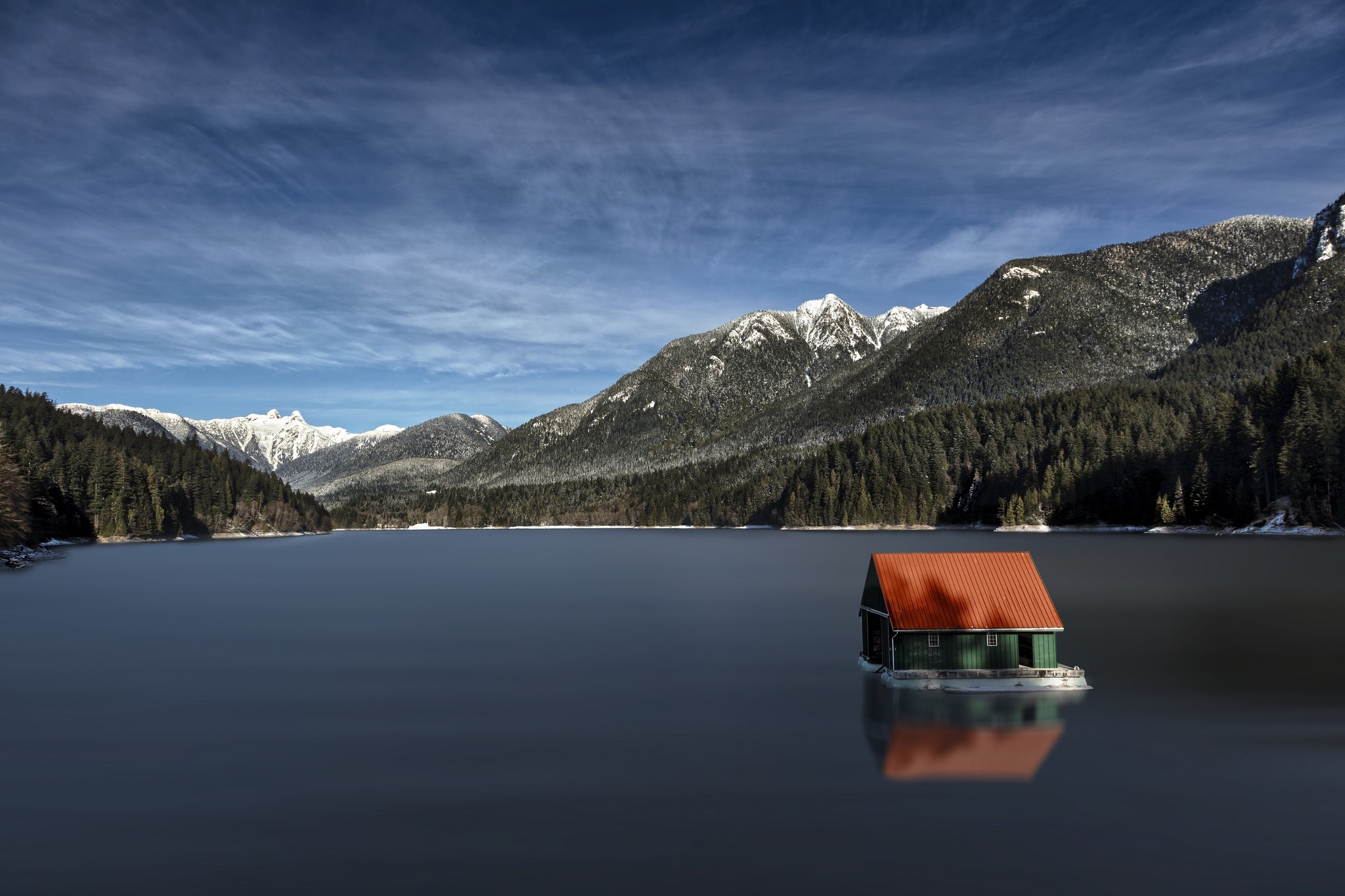 lake, water, mountains, nature, house, building, HD Wallpaper