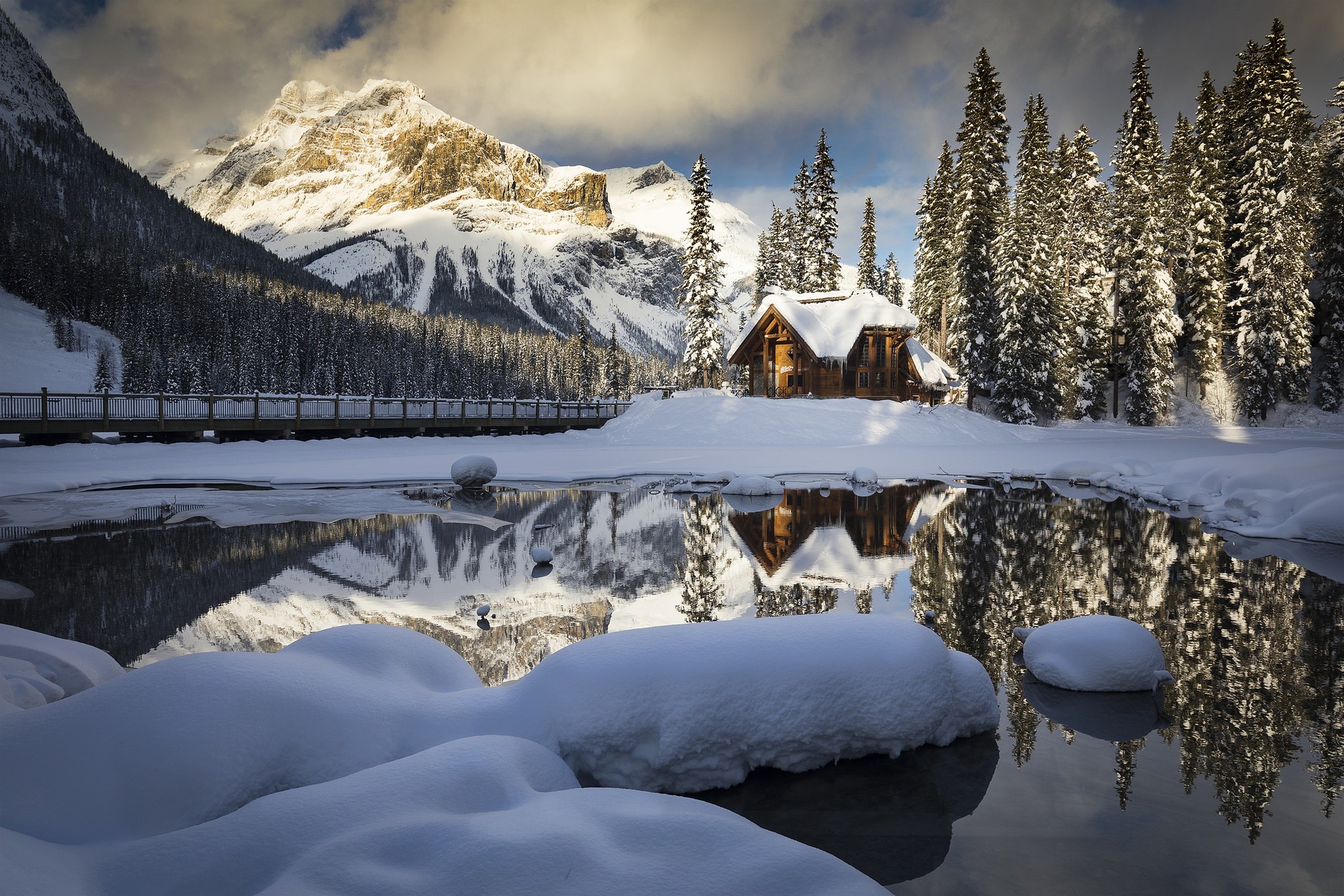 winter, snow, house, water, Emerald Lake British Columbia, HD Wallpaper
