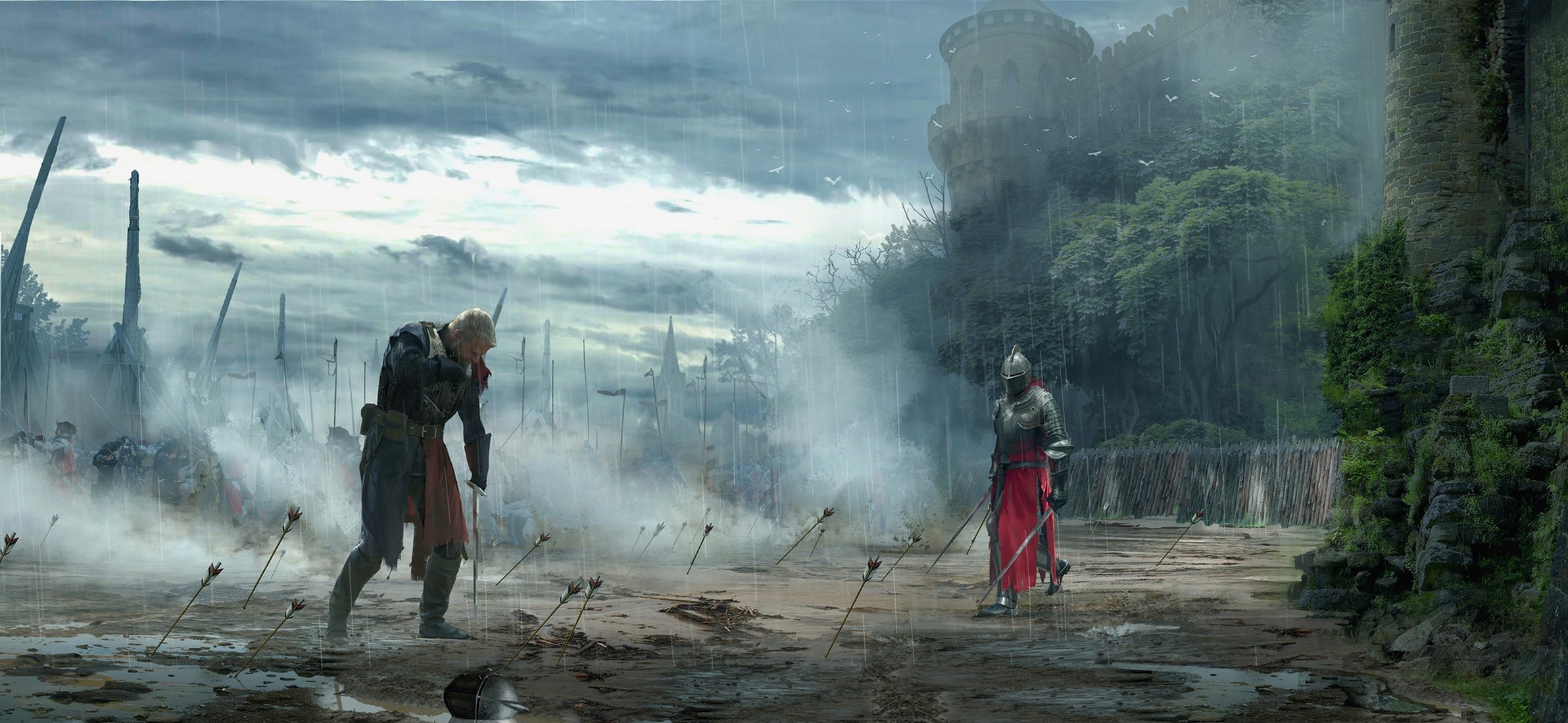 artwork, warrior, fantasy art, Armored, battle, arrows, rain, Fantasy Men, HD Wallpaper