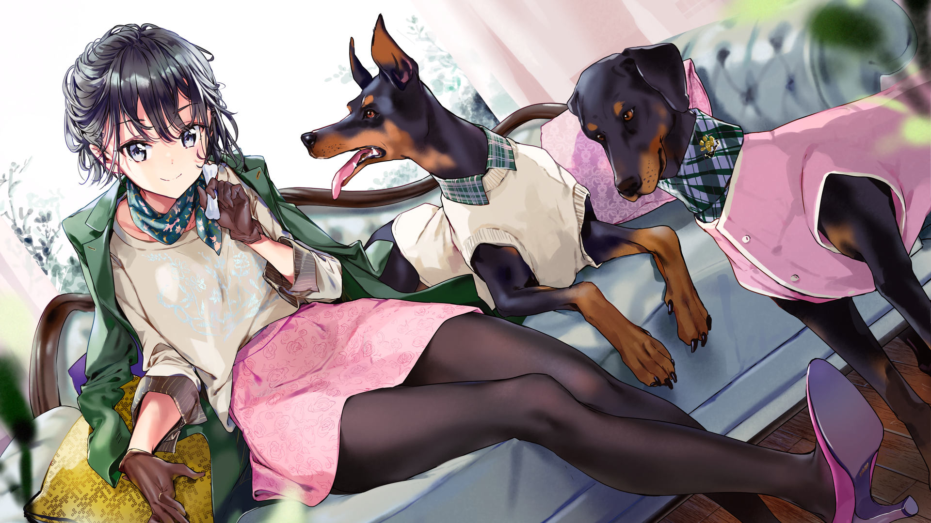 anime girls, dog, black stockings, HD Wallpaper
