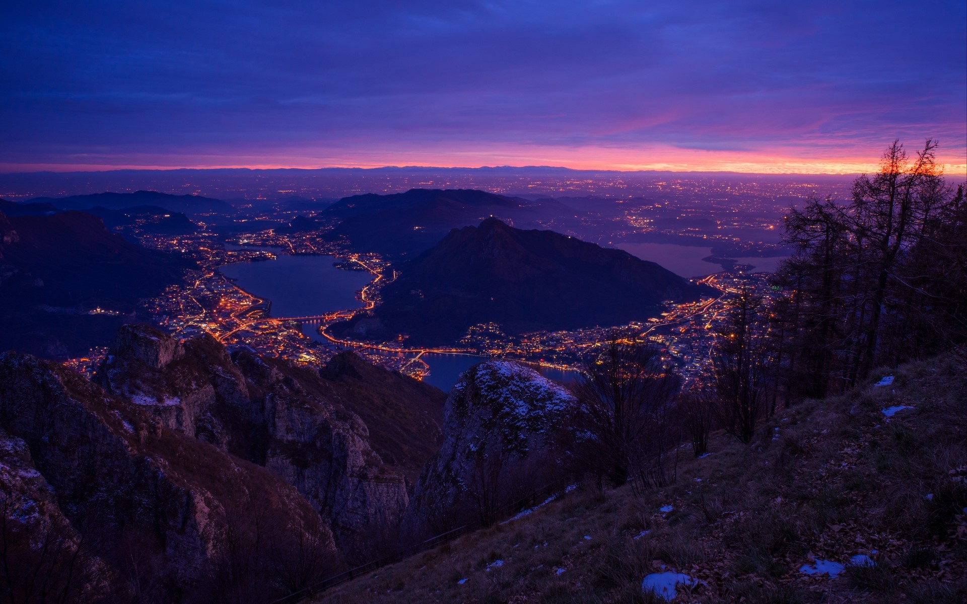 nature, landscape, city lights, sunset, HD Wallpaper