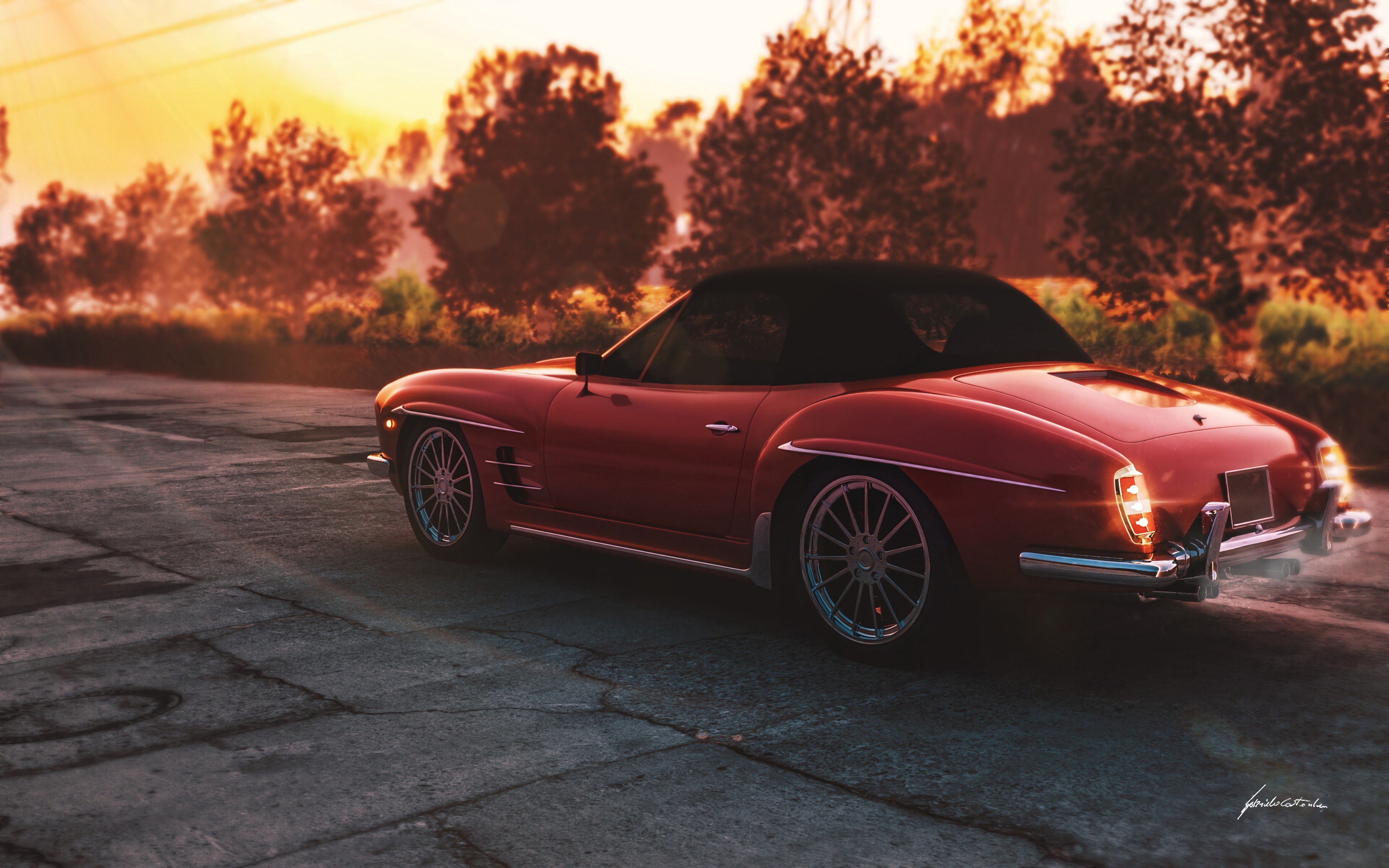 car, red cars, Convertible, sunrise, backlight, Retro car, road, trees, HD Wallpaper