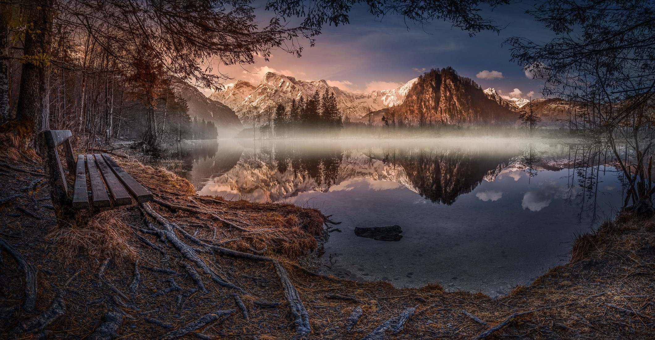 nature, mountains, bench, plants, landscape, water, reflection, HD Wallpaper