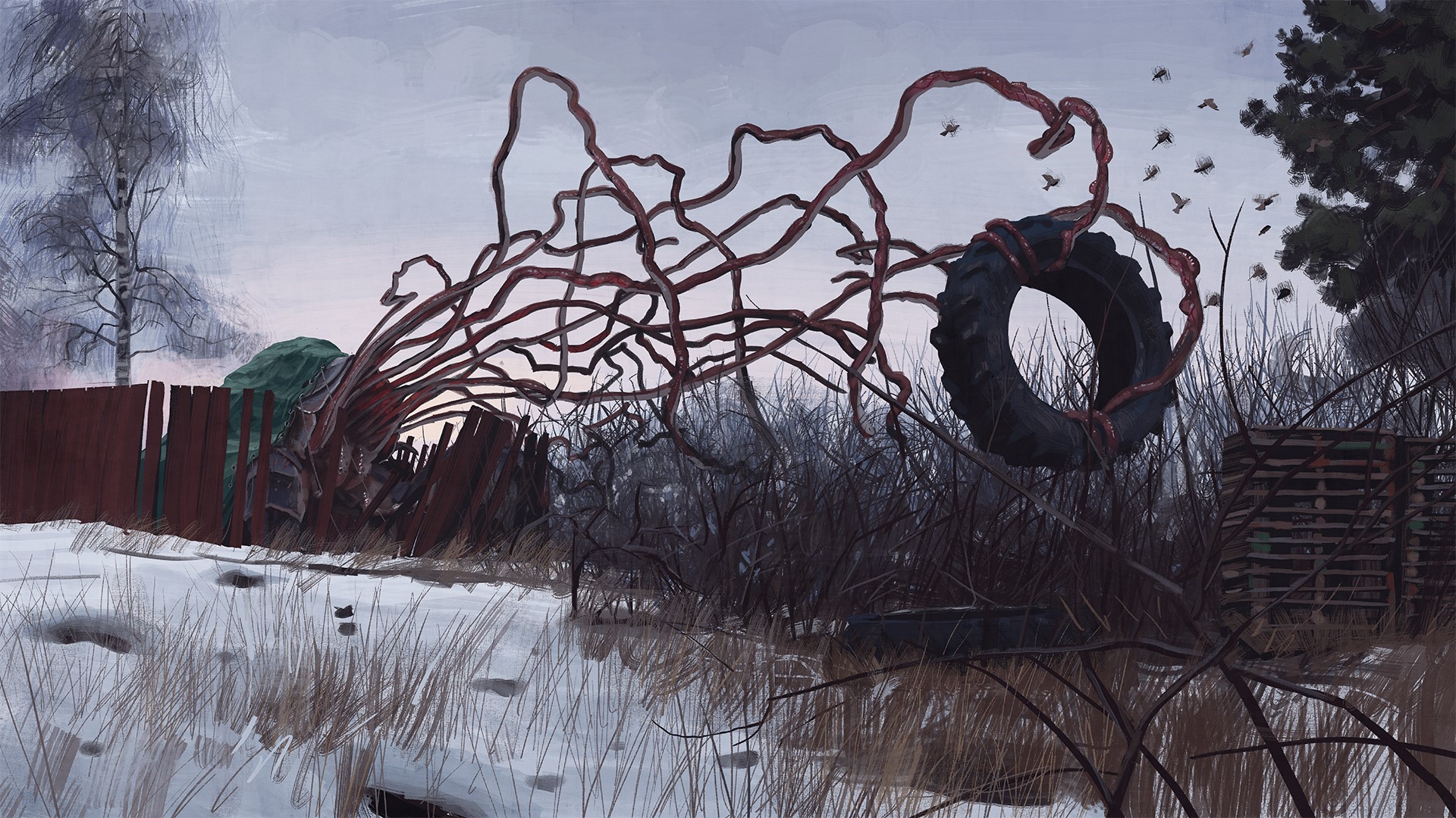 artwork, Simon Stålenhag, science fiction, futuristic, tire, snow, Tales From The Loop, HD Wallpaper