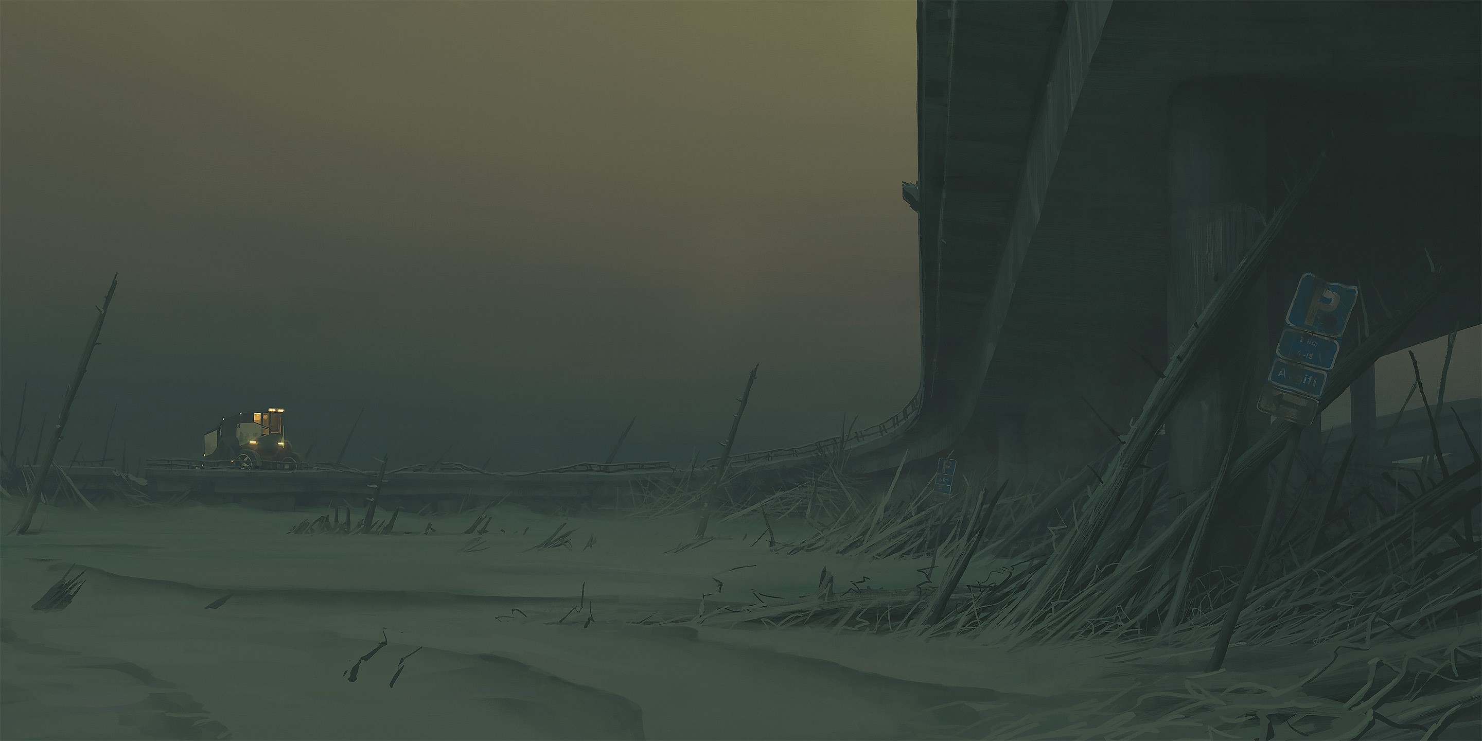 artwork, Simon Stålenhag, science fiction, futuristic, snow, Freeway, Tales From The Loop, HD Wallpaper