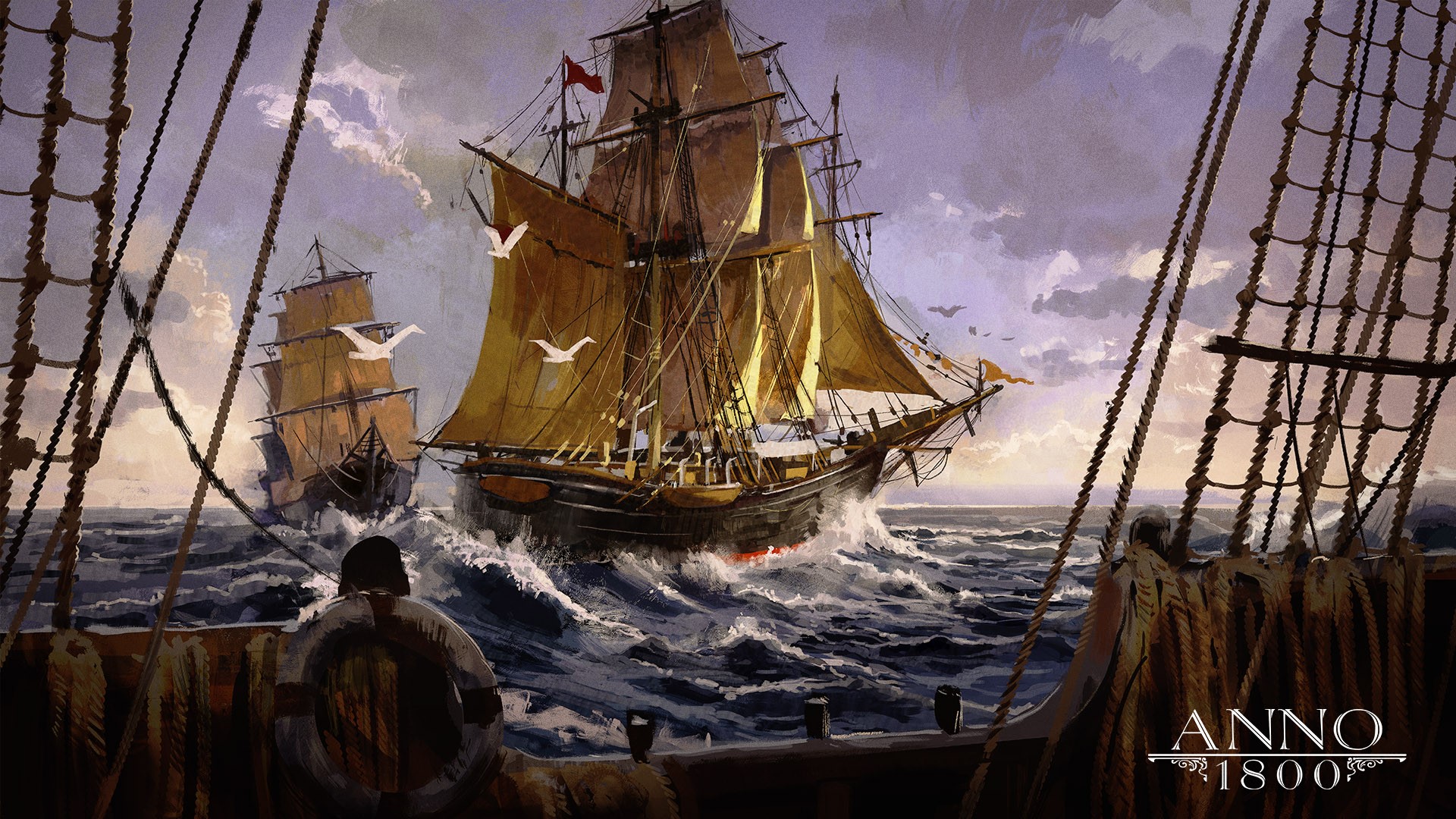 Anno 1800, artwork, ship, water, birds, sailing ship, Ubisoft, video games, HD Wallpaper