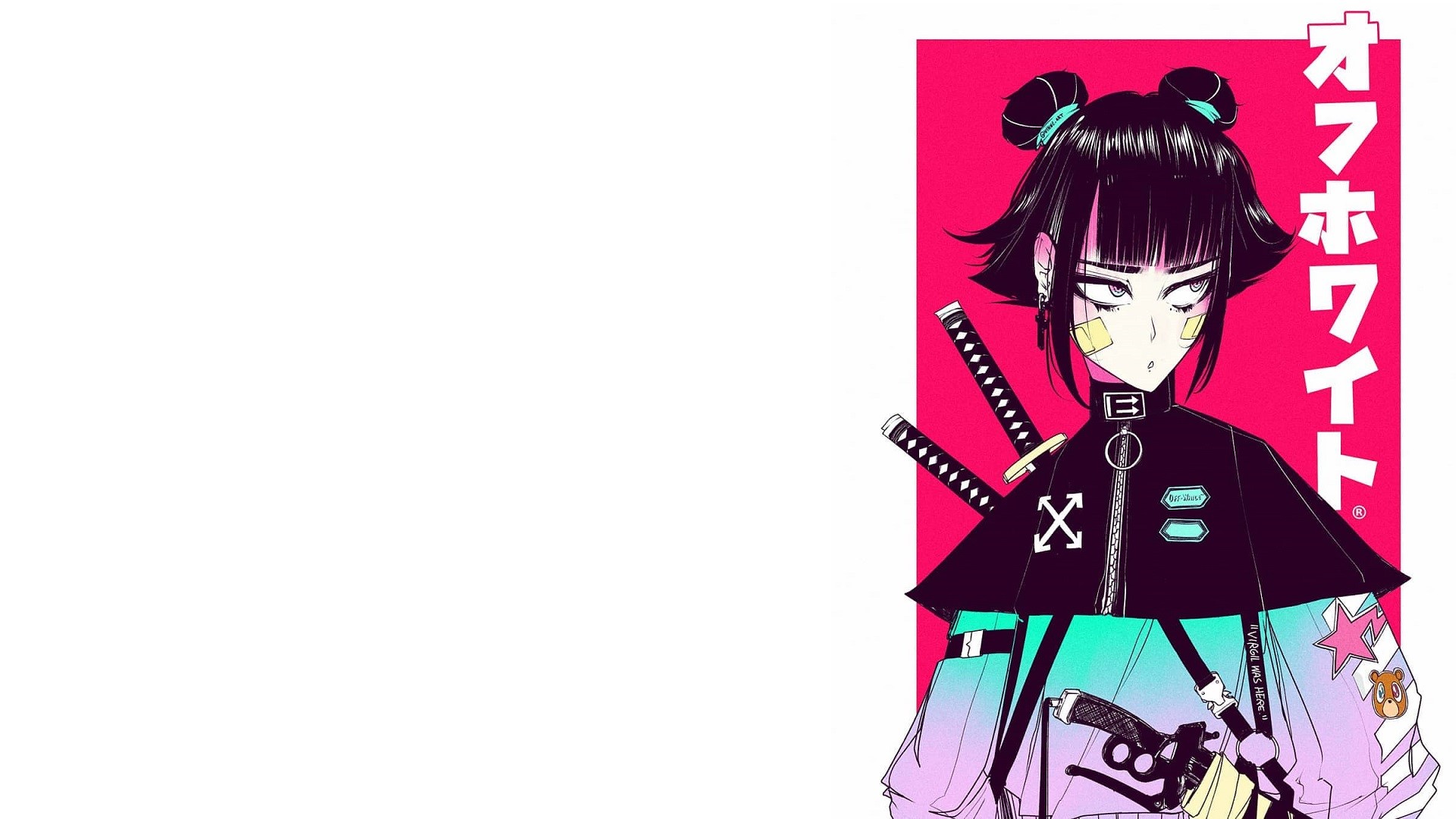 women, drawn, buns, black hair, katana, bandage, looking away, digital art, HD Wallpaper