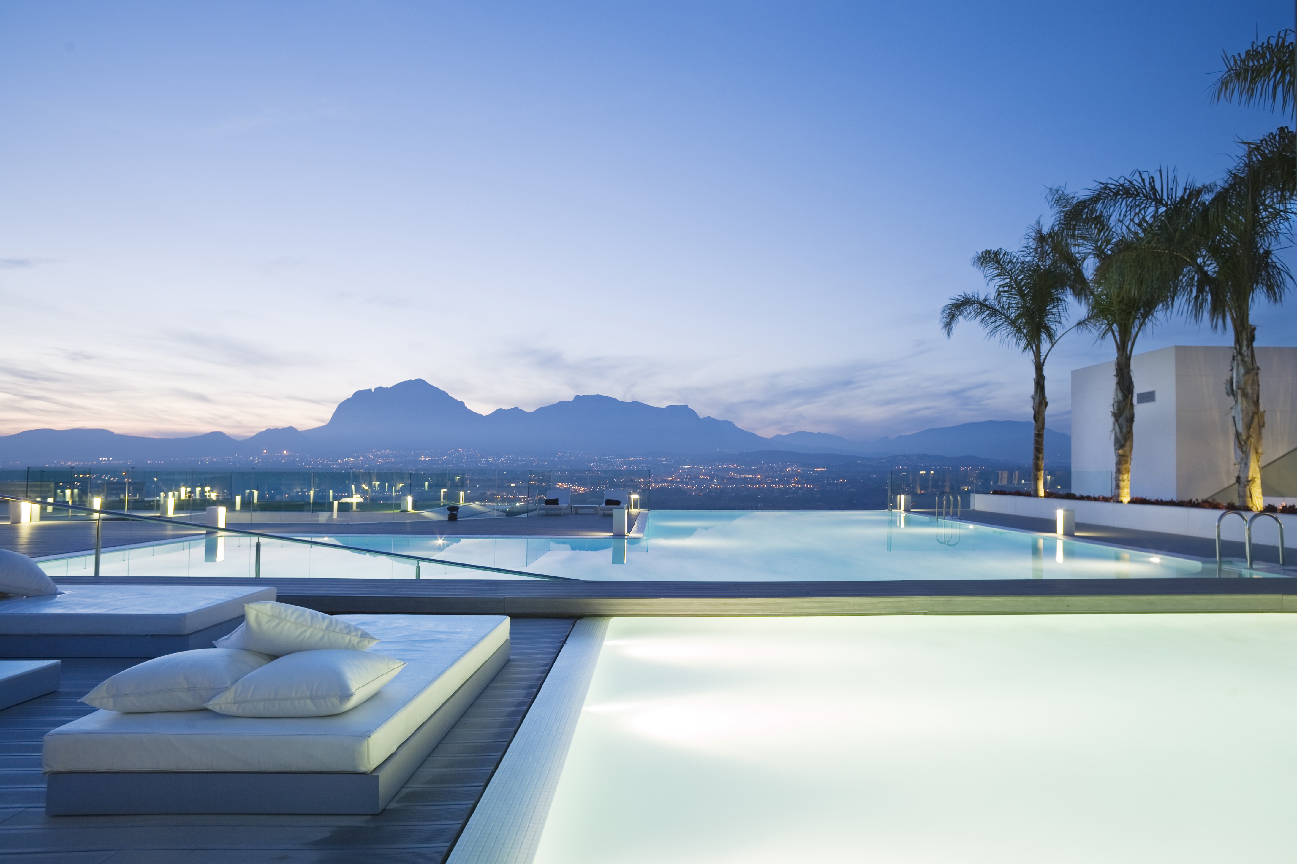 swimming pool, mountains, palm trees, sky, modern, HD Wallpaper