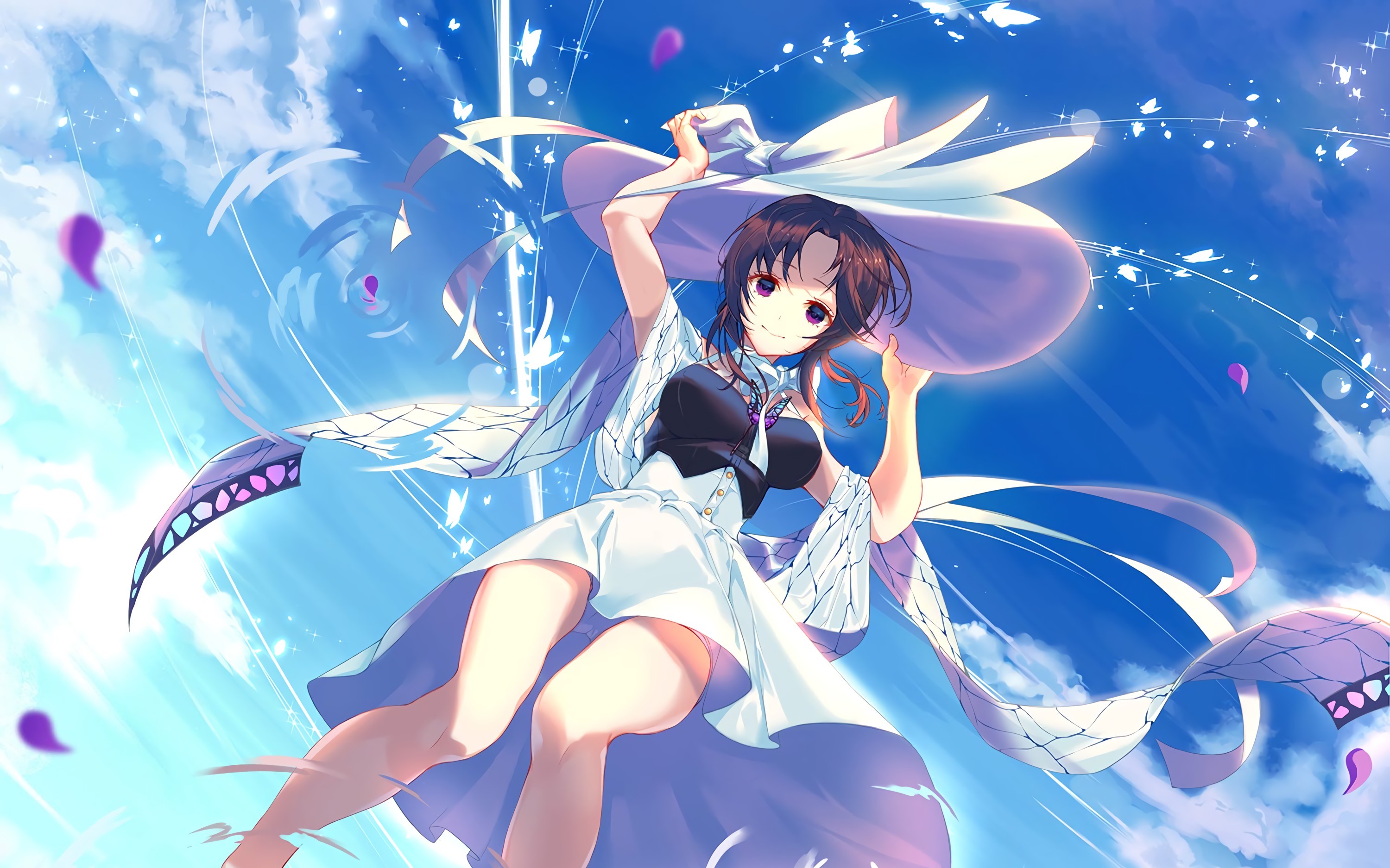 anime, anime girls, Kimetsu no Yaiba, Kochou Shinobu, sun dress, sea, purple eyes, HD Wallpaper