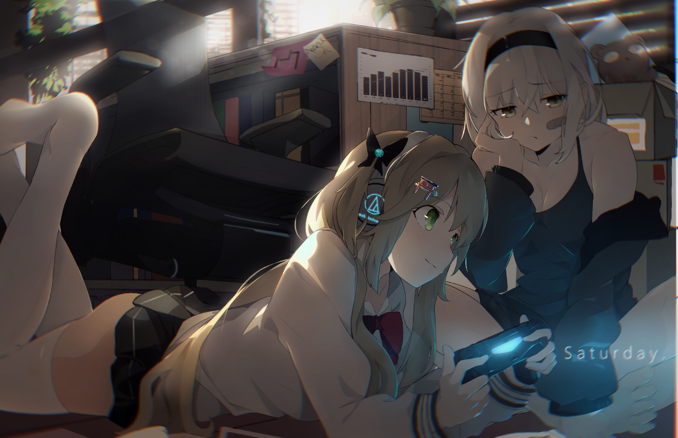 Virtual Youtuber, prone, long hair, headphones, skirt, Band-Aid, gamers, HD Wallpaper