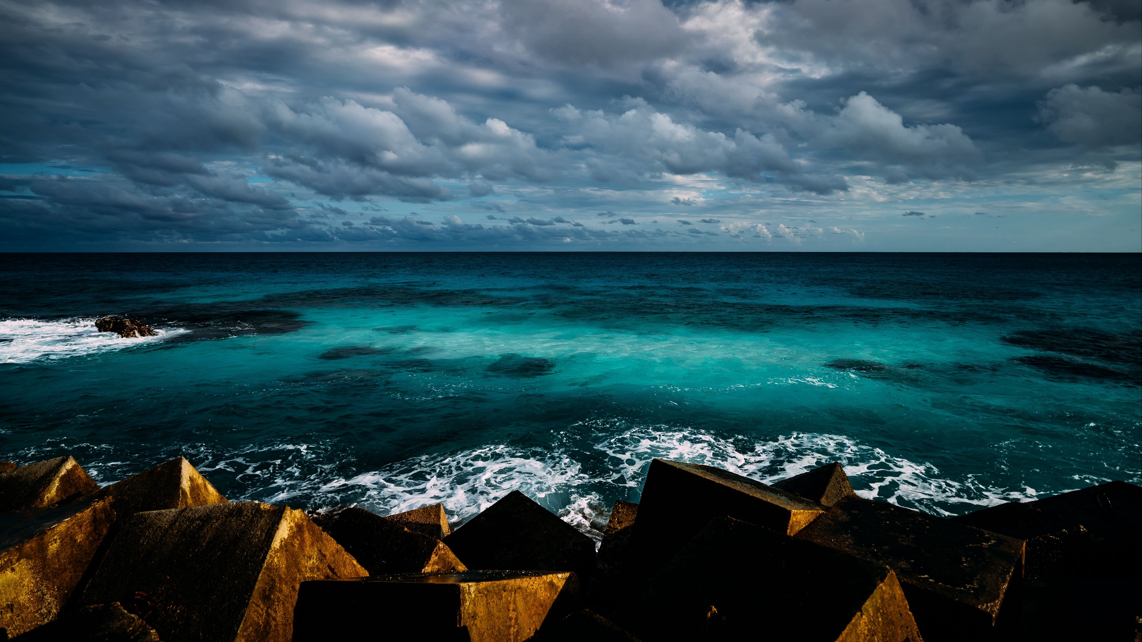 ocean, surf, horizon, coast, clouds, sky, 4k, HD Wallpaper
